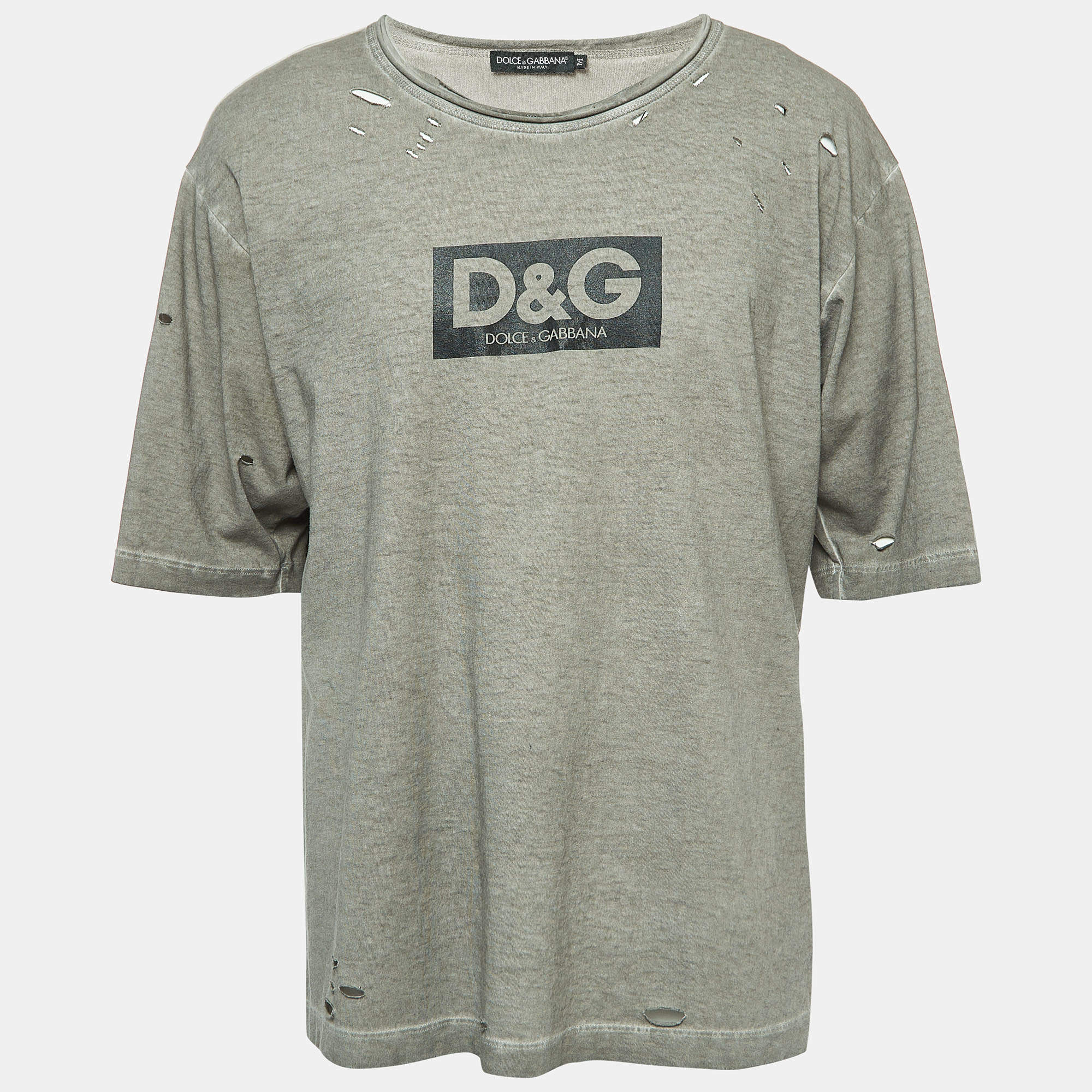 Pre Owned Dolce & Gabbana Grey Logo Print Distressed Cotton Half Sleeve T-Shirt M