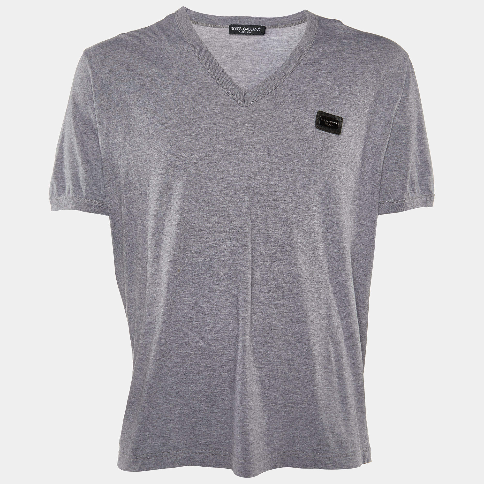 Pre Owned Dolce & Gabbana Grey Cotton Knit V-Neck T-Shirt 4XL