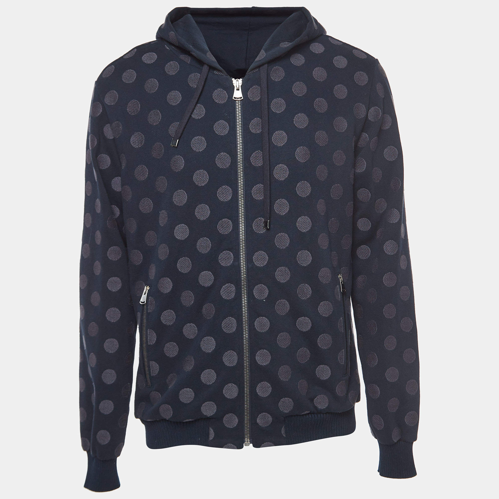 Pre Owned Dolce & Gabbana Navy Blue Polka Dotted Cotton Zip Front Hooded Jacket L