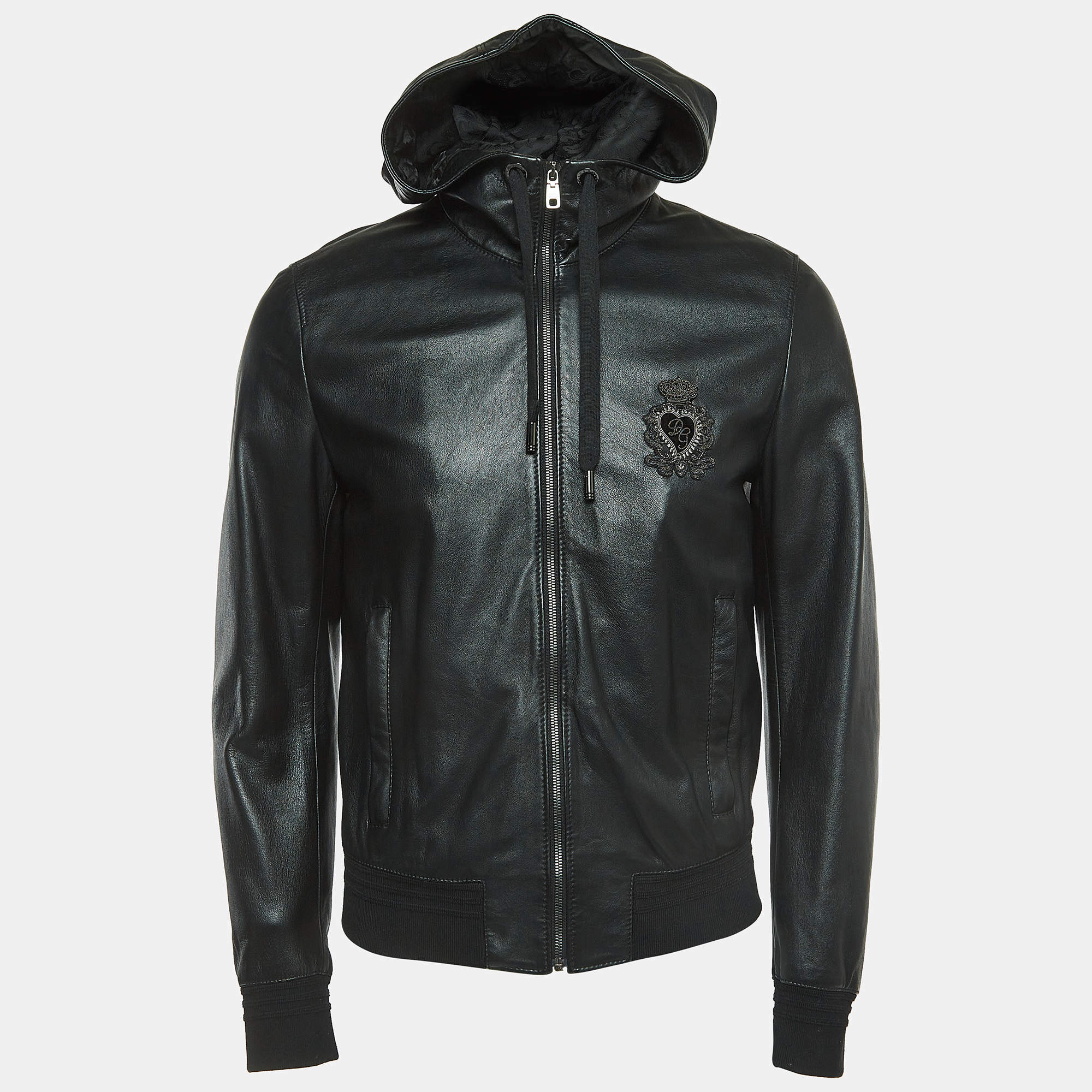 Pre Owned Dolce & Gabbana Black Logo Embroidered Leather Hoodie XL