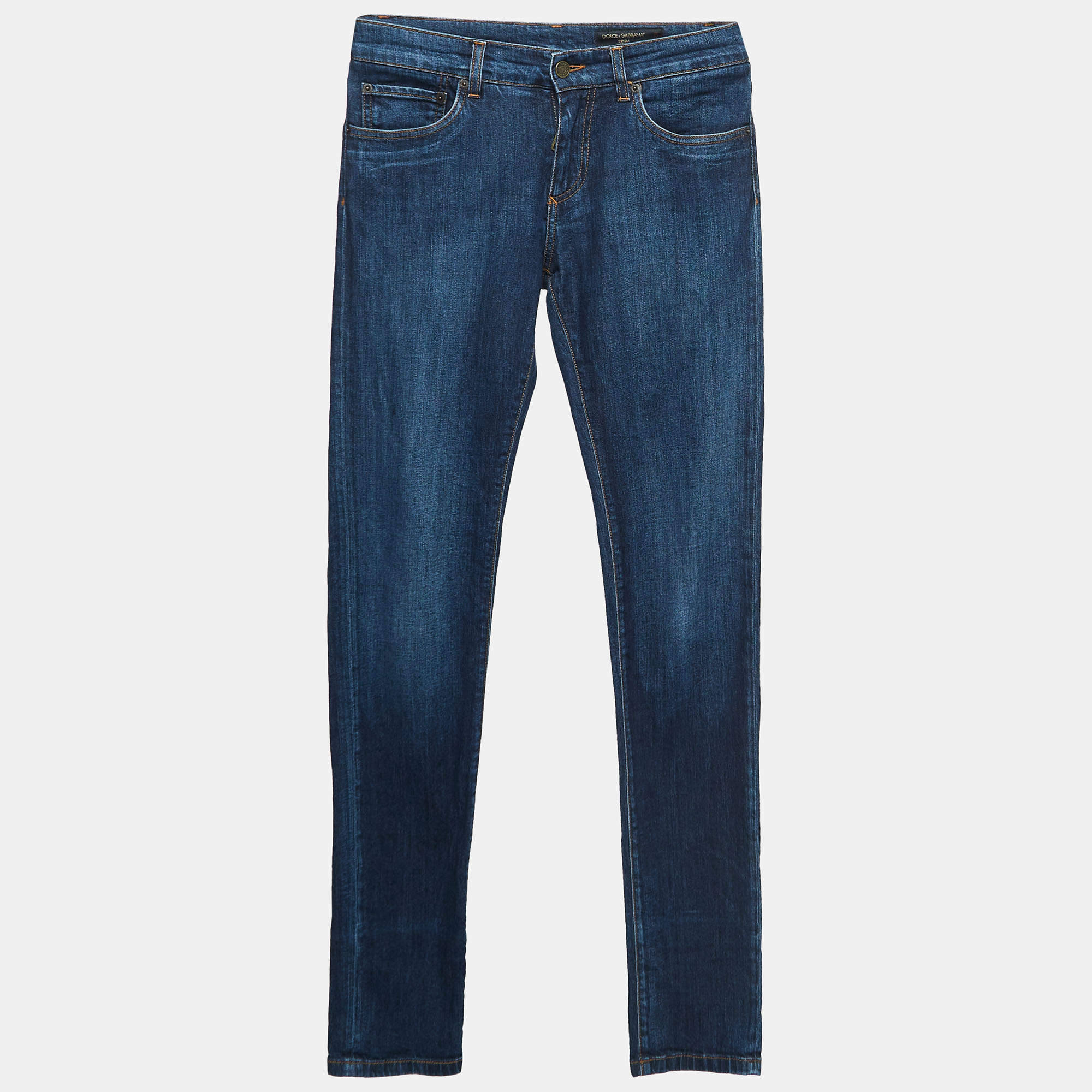 Pre Owned Dolce & Gabbana Blue Leather Logo Trim Denim Classic Jeans S Waist 30''