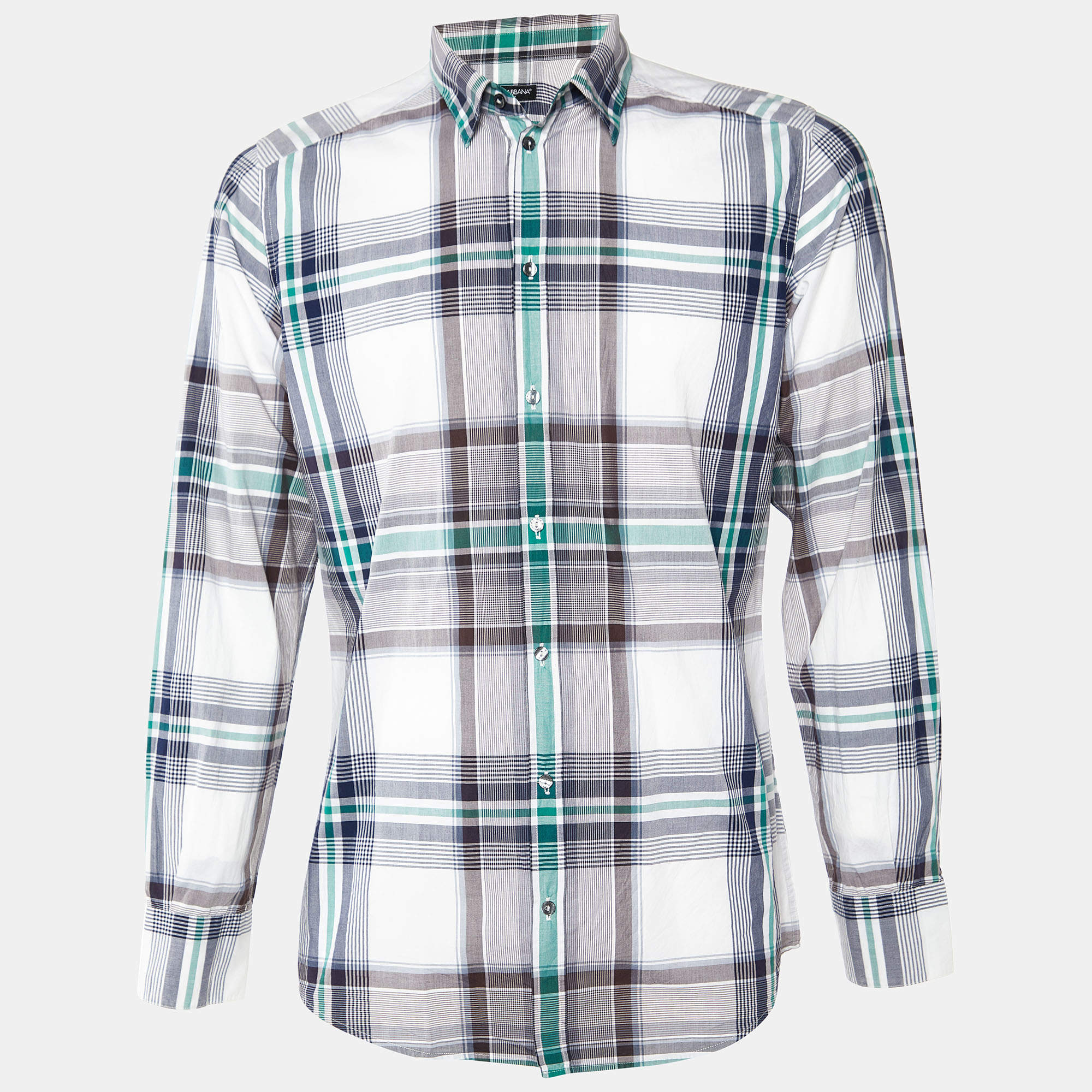 Pre Owned Dolce & Gabbana White Plaid Check Cotton Gold Fit Shirt L