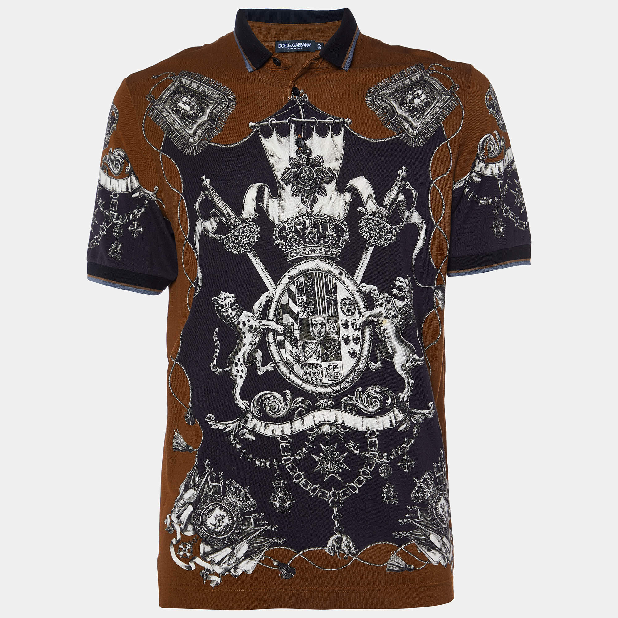 Pre Owned Dolce & Gabbana Brown Crown Print Cotton Pique Polo T-Shirt L