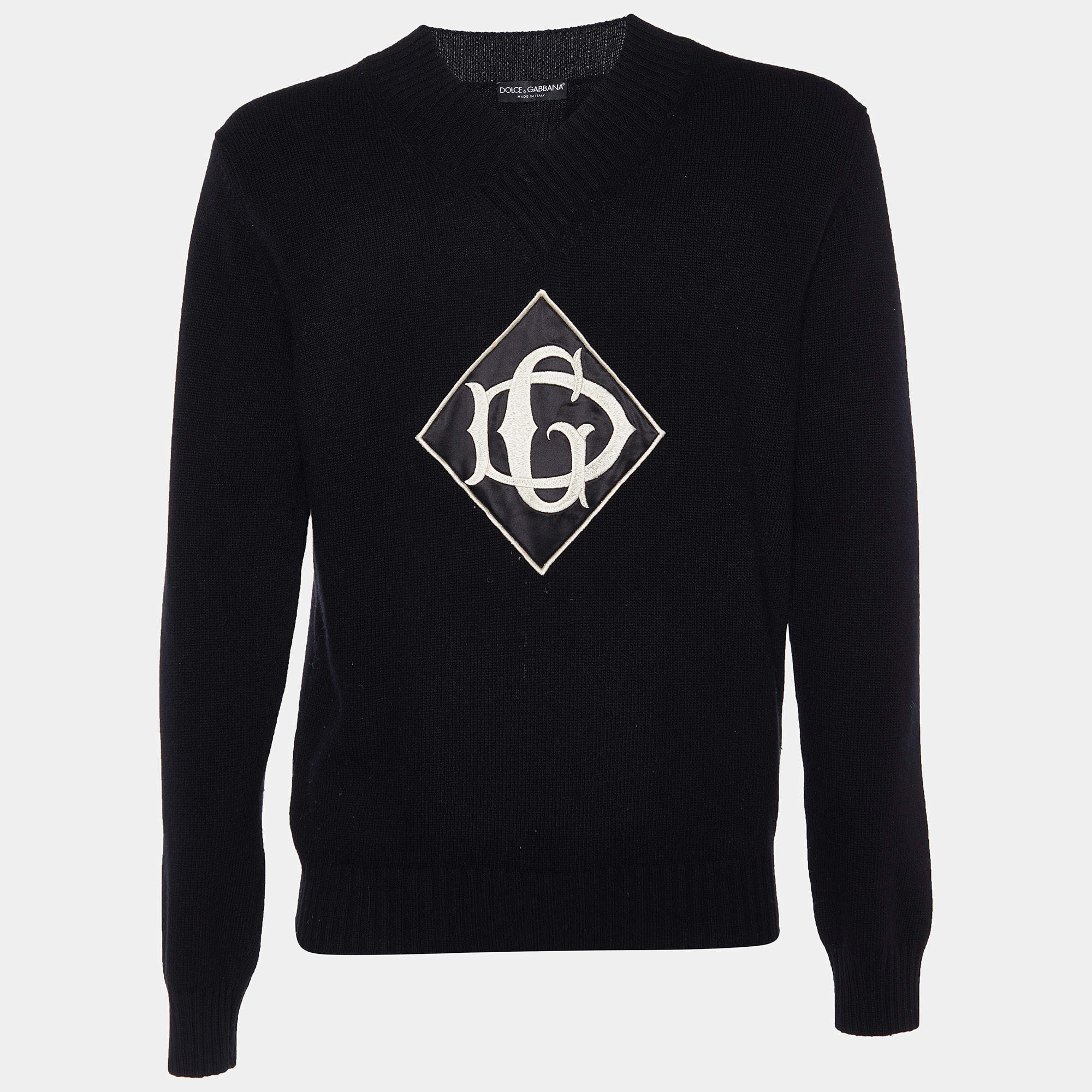 Pre Owned Dolce & Gabbana Black Wool DG Appliqued V-Neck Sweater L