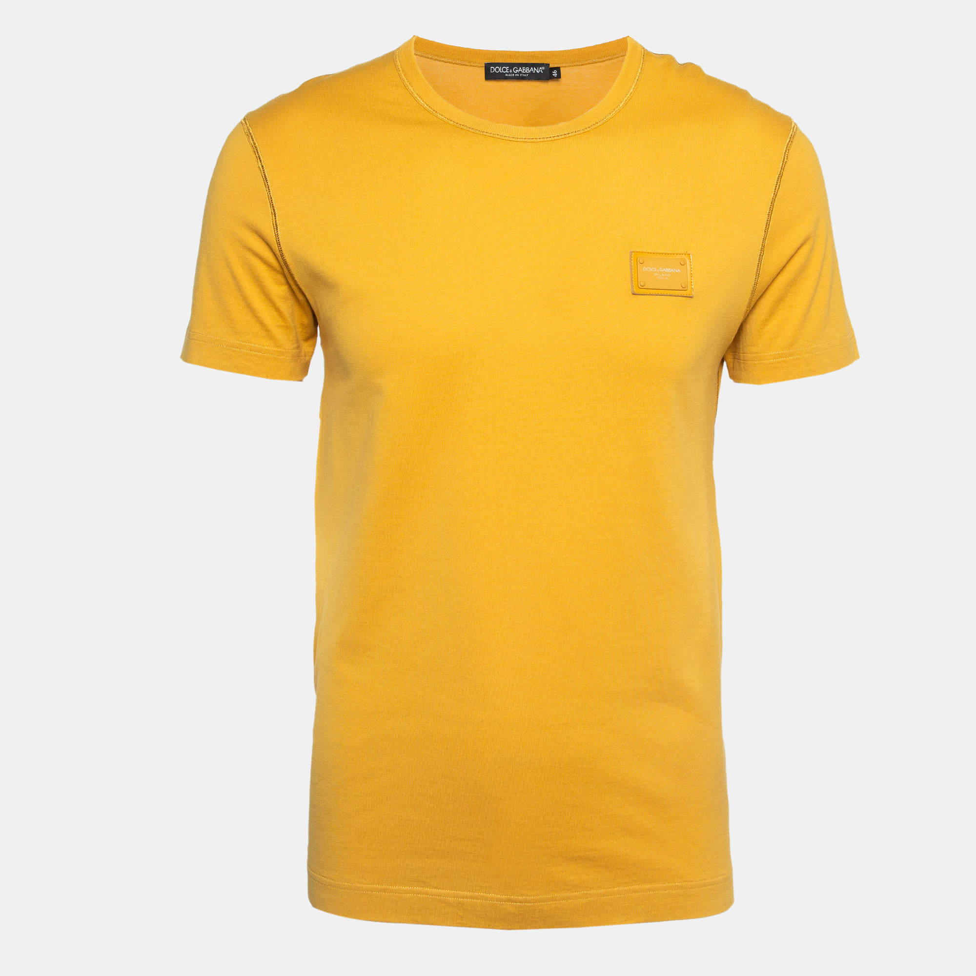Pre Owned Dolce & Gabbana Yellow Logo Applique Cotton Knit Crew Neck T-Shirt S
