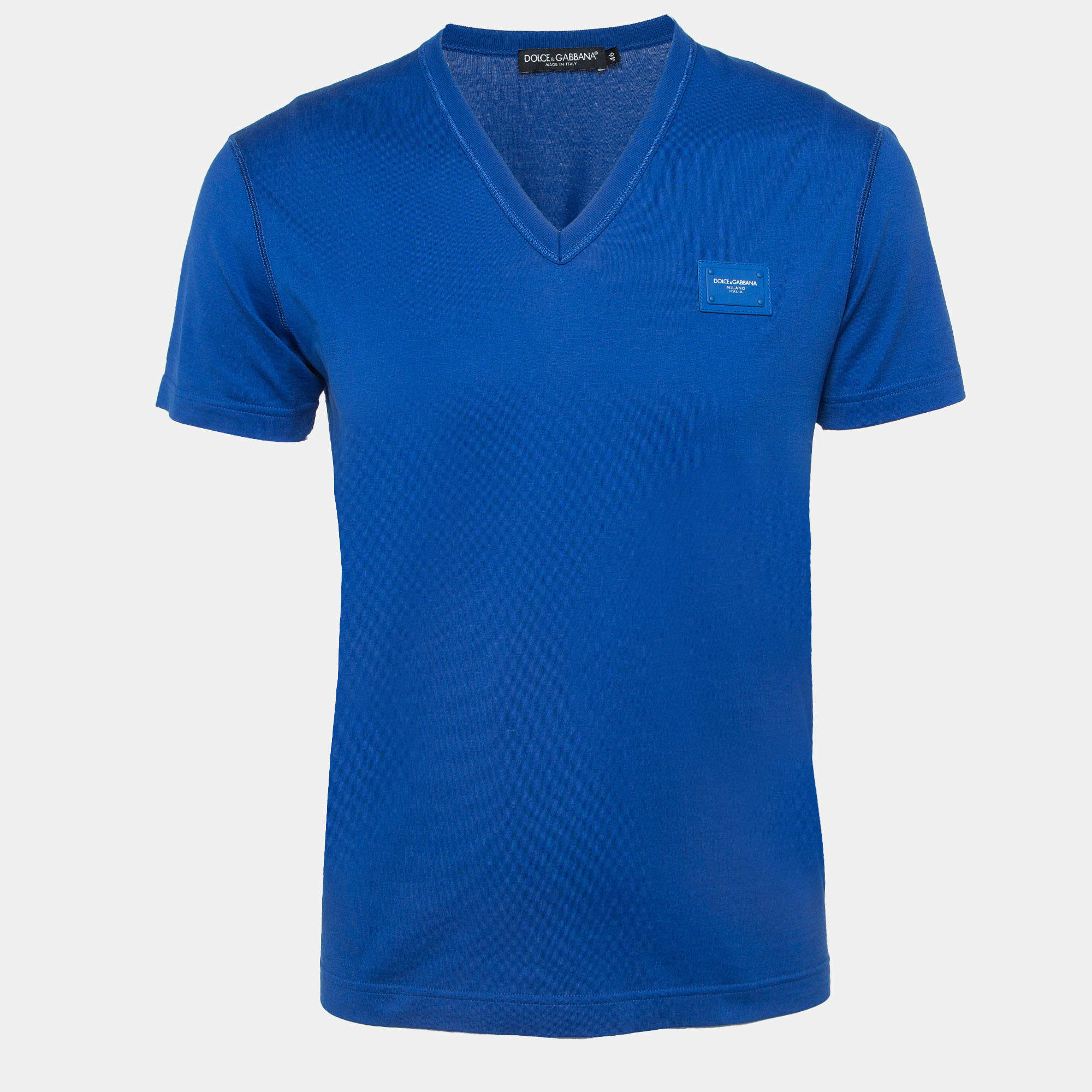 Pre Owned Dolce & Gabbana Blue Logo Applique Cotton Knit V-Neck T-Shirt S