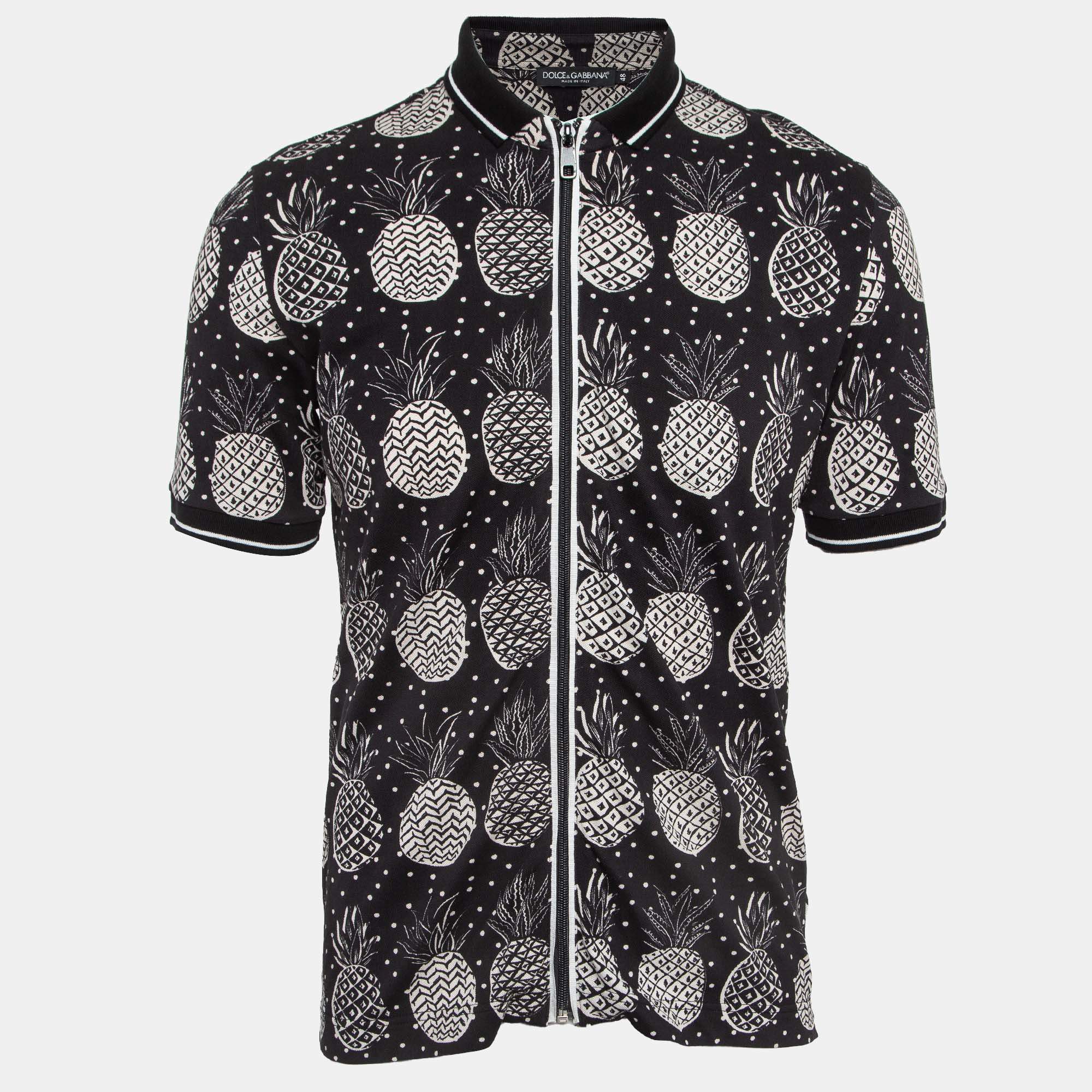 Pre Owned Dolce & Gabbana Black Pineapple Print Cotton Pique Zipper Polo T-Shirt M