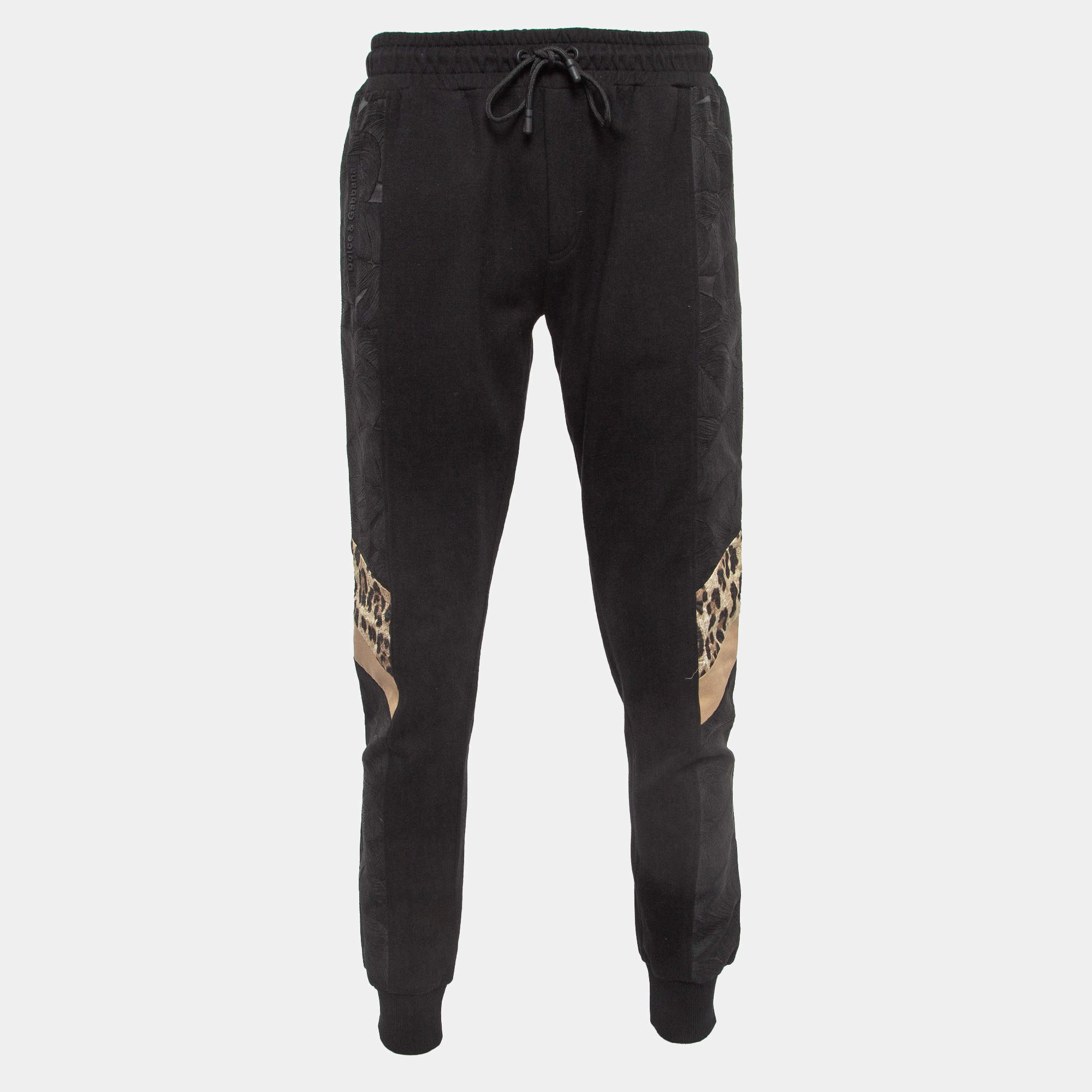 Pre Owned Dolce & Gabbana Black Leaf and Leopard Jacquard Trim Knit Joggers L