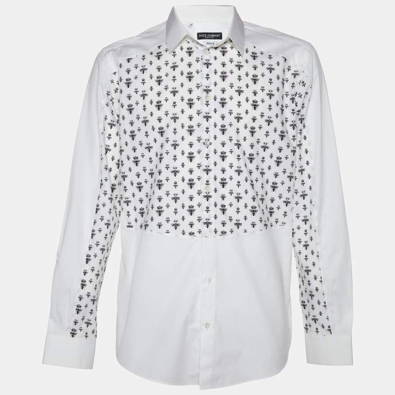 مملوكة مسبقًا Dolce & Gabbana Gold White Queen Bee Print Cotton Shirt L