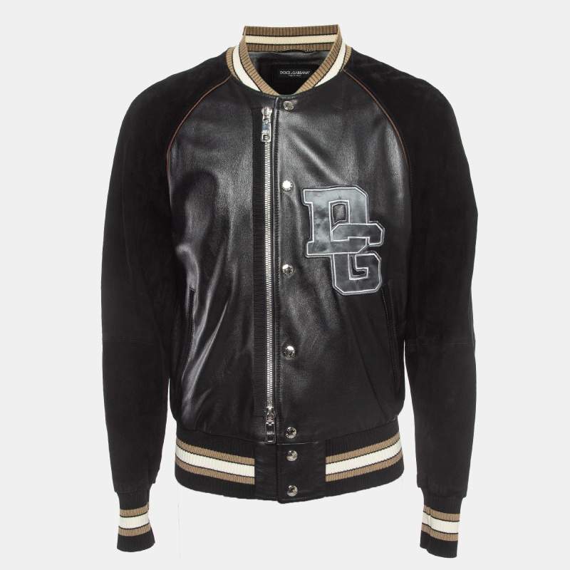 Pre Owned Dolce & Gabbana Black Leather and Suede Varsity Bomber Jacket L