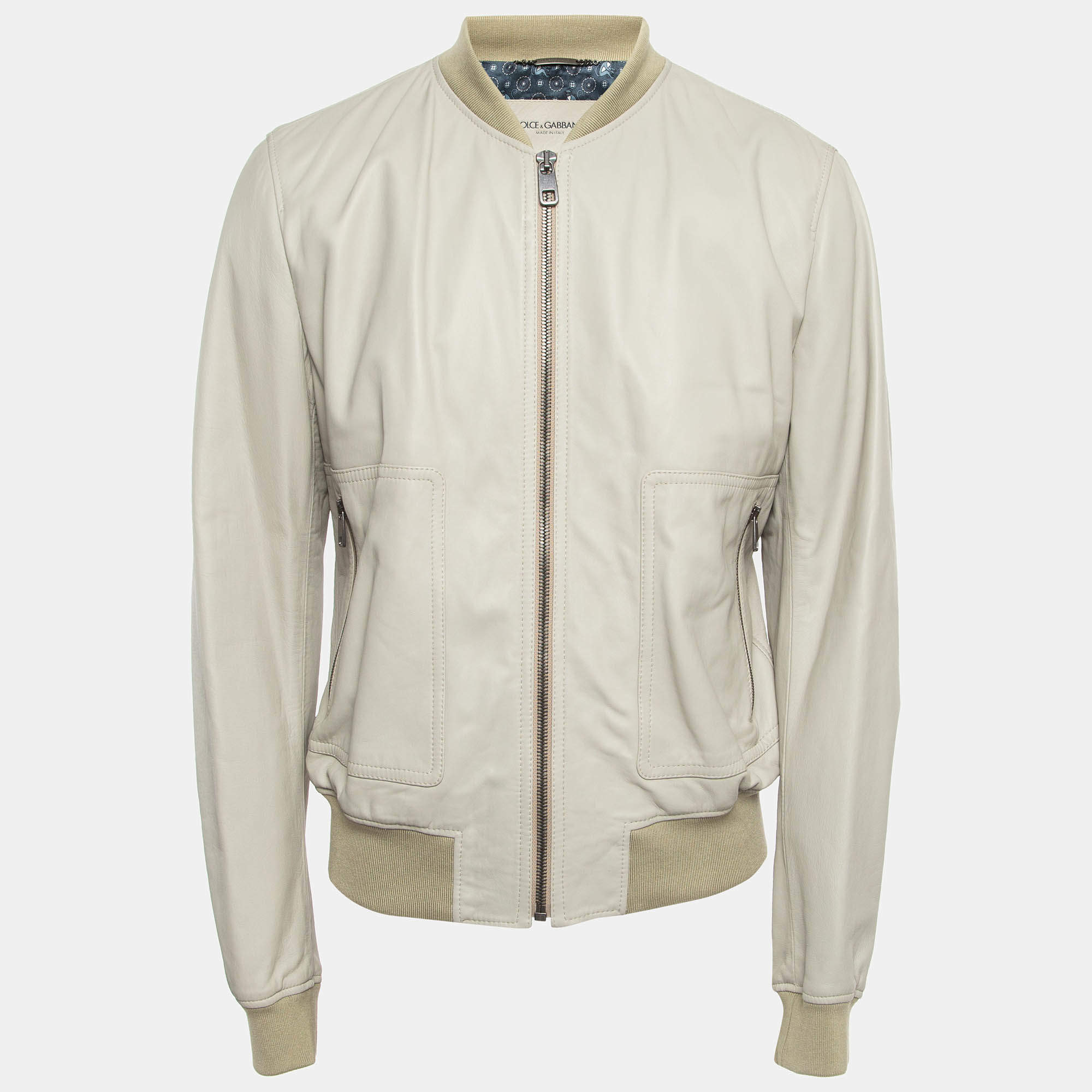 Pre Owned Dolce & Gabbana Grey Leather Bomber Jacket XXL