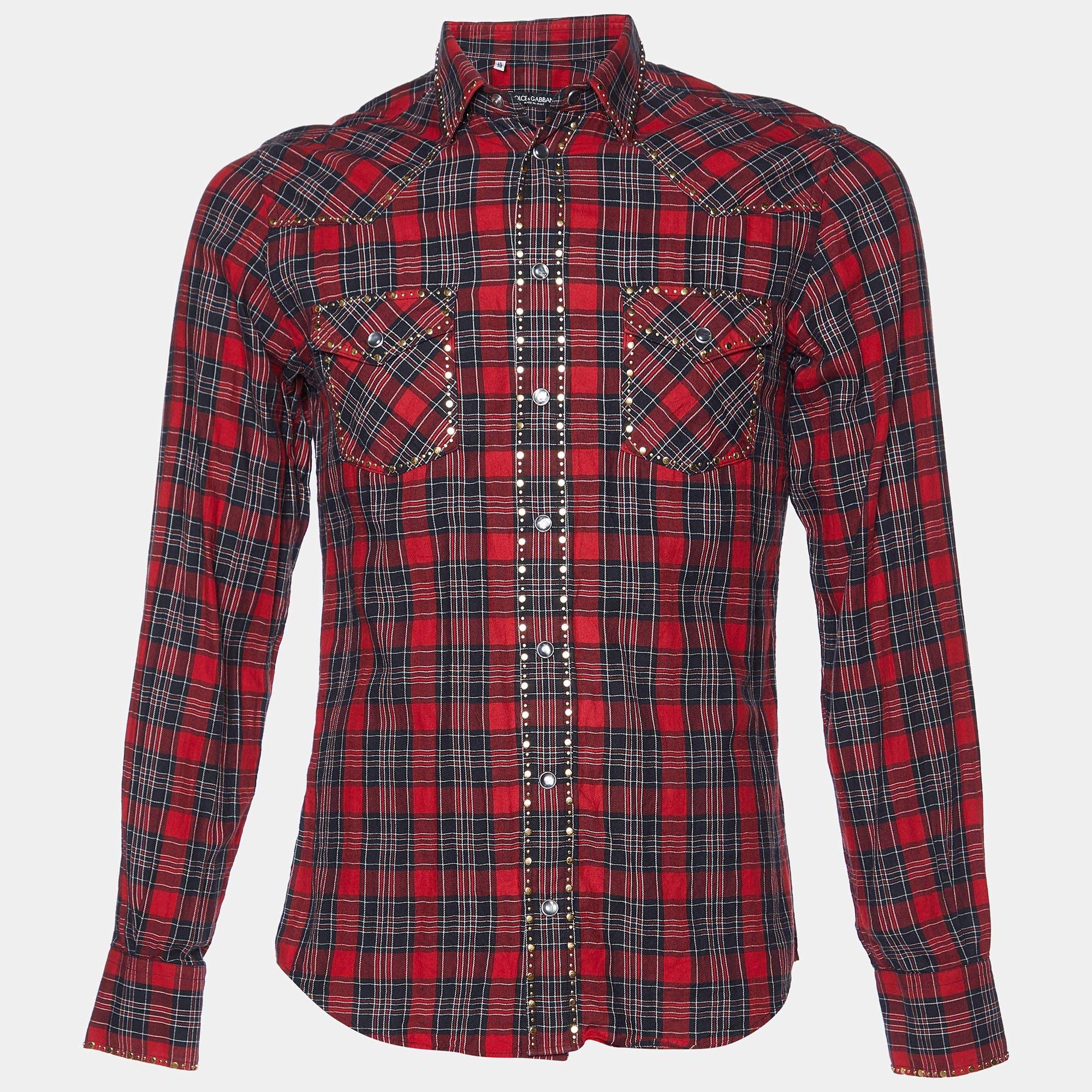 Pre Owned Dolce & Gabbana Red Plaid Checked Cotton Studded Shirt S