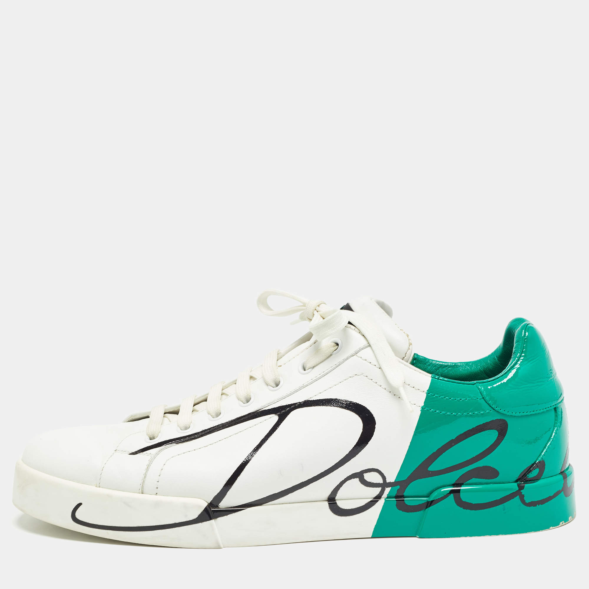 Pre Owned Dole & Gabbana White/Green Leather Portofino Sneakers Size 45