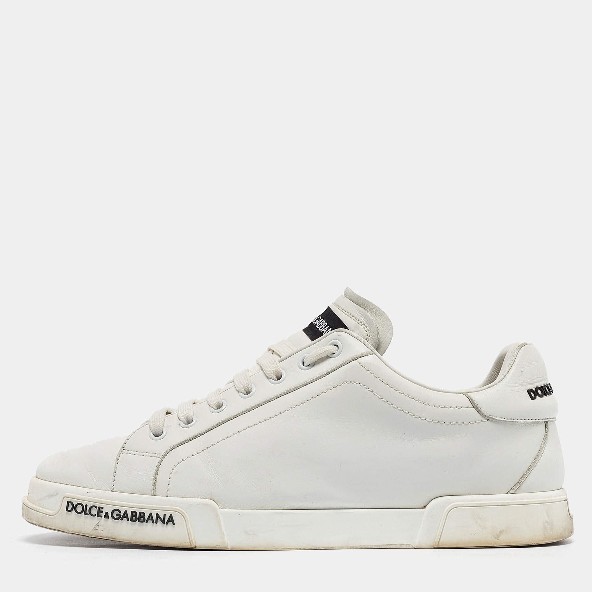 Pre Owned Dolce & Gabbana White Leather Portofino Logo Detail Sneakers Size 42.5