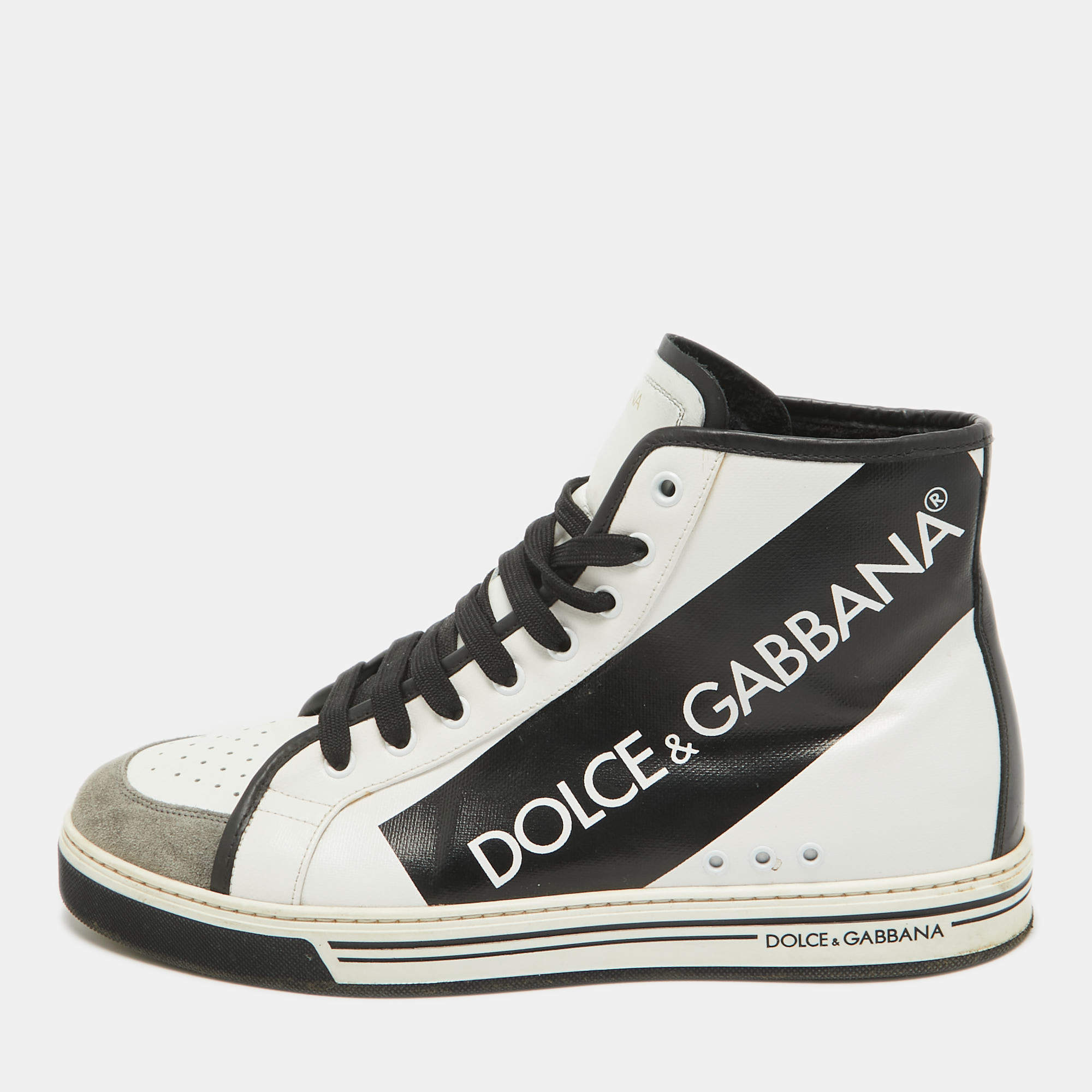 Pre Owned Dolce & Gabbana Black/White Leather Lace High Top Sneakers Size 43