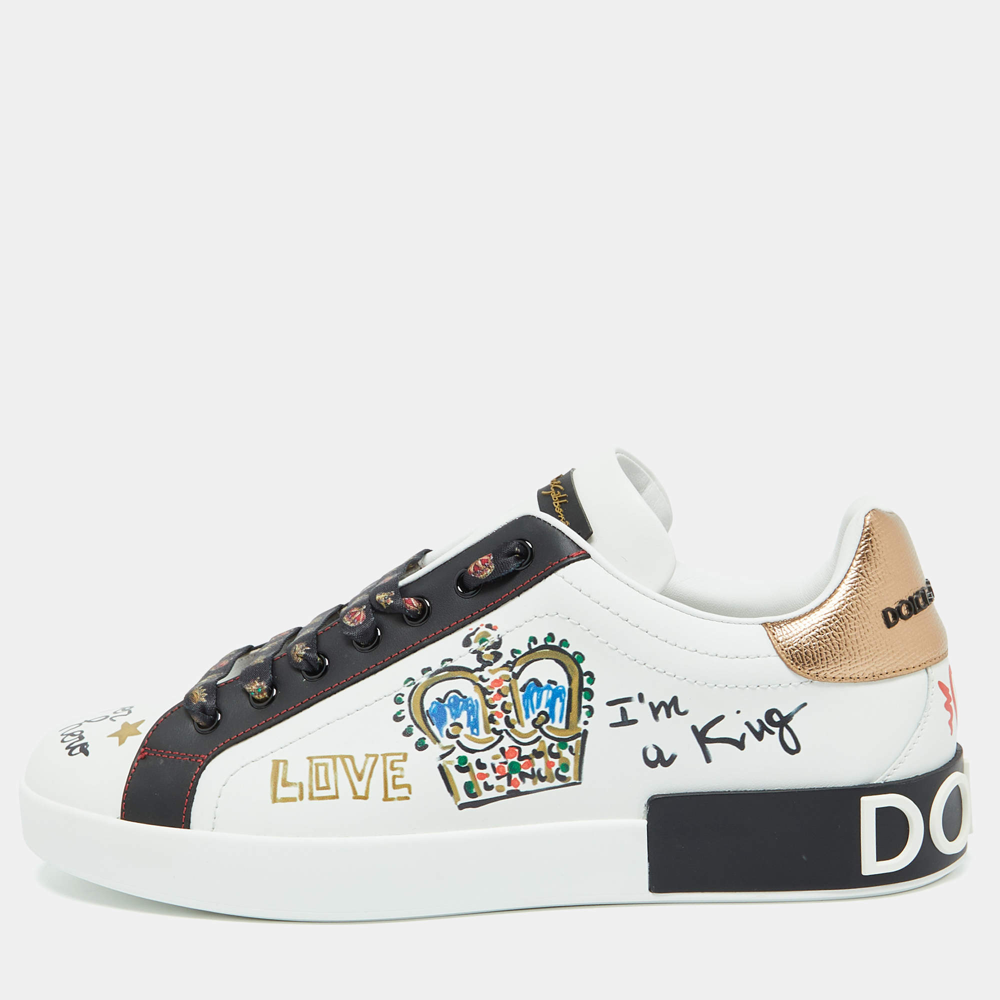 مملوكة مسبقًا Dolce & Gabbana White Leather Crown Patch Lace Up Sneakers Size 44.5