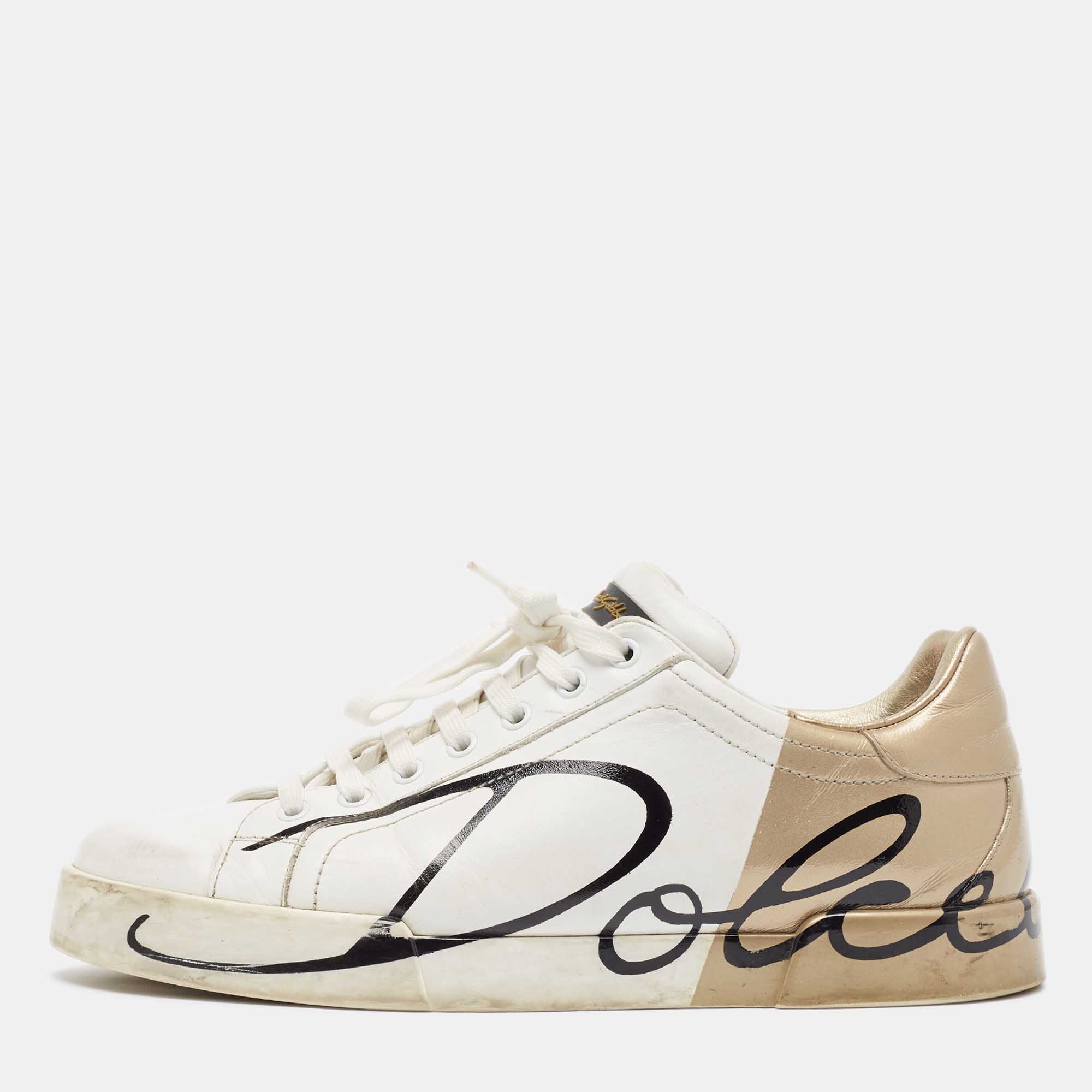 Dolce & Gabbana White/Gold Leather Portofino Lace Up Sneakers Size 42