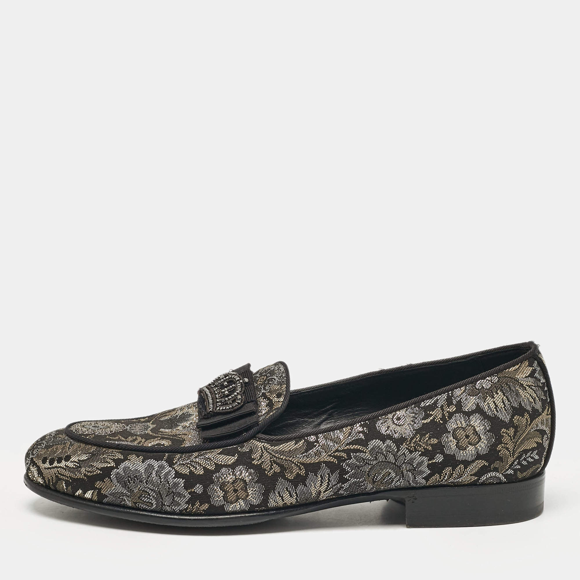 Pre Owned Dolce & Gabbana Black/Metallic Brocade Fabric Loafers 39.5