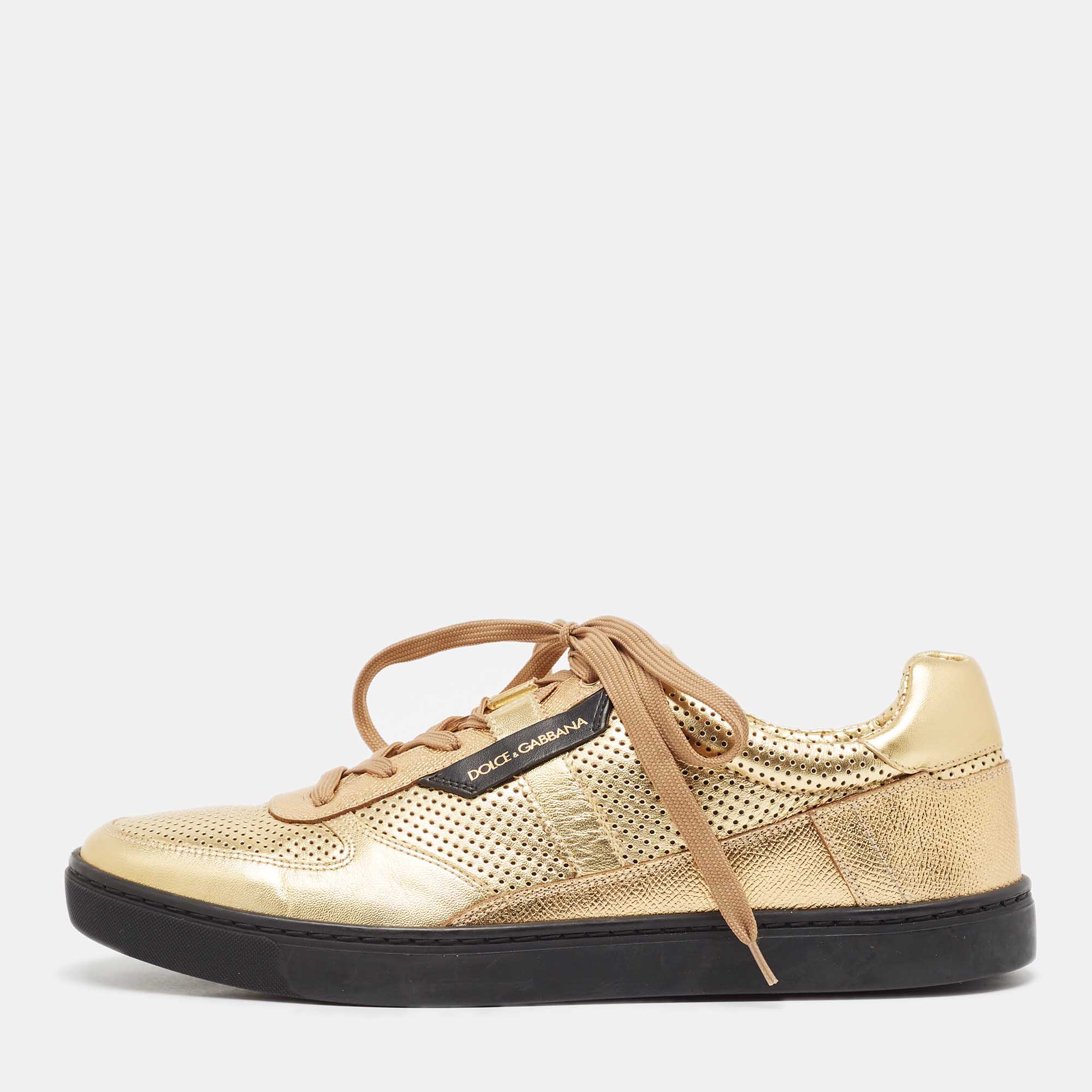 Pre Owned Dolce & Gabbana Gold Perforated Leather Low Top Sneakers Size 44