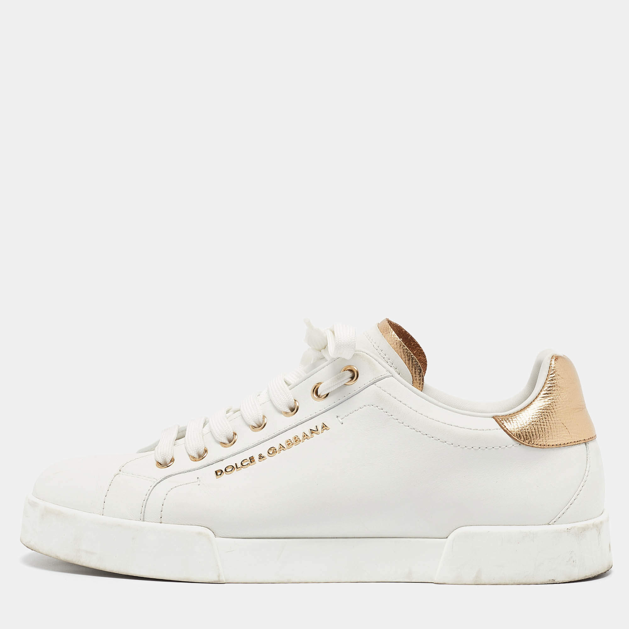 Pre Owned Dolce & Gabbana White/Gold Leather Portofino Sneakers Size 42.5