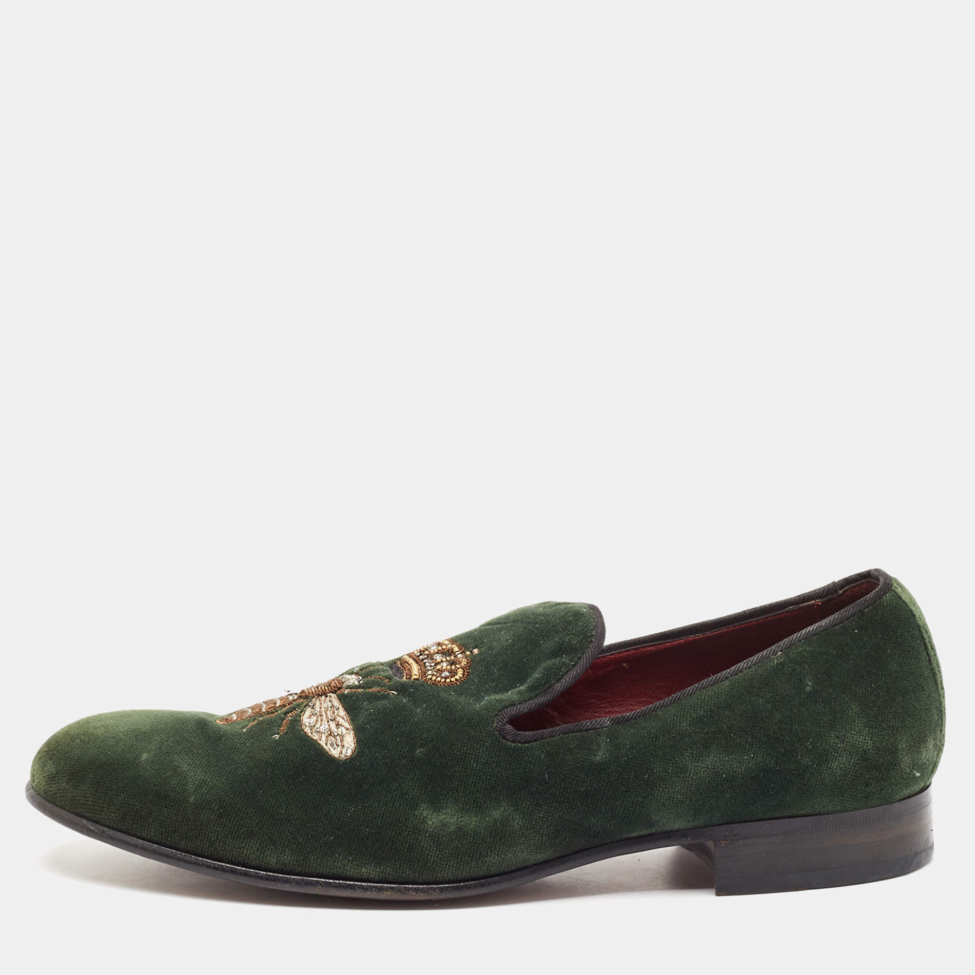 Dolce & Gabbana Green Velvet Bee Embraided Slip On Loafers Size 42