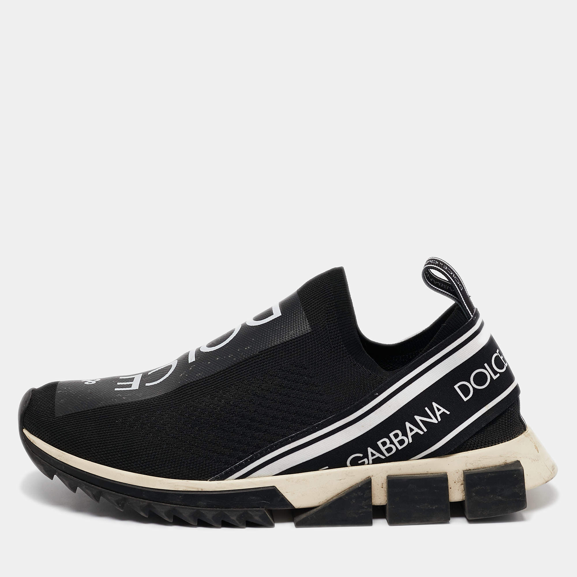 Pre Owned Dolce & Gabbana Black/White Knit Fabric Sorrento Slip On Sneakers Size 43