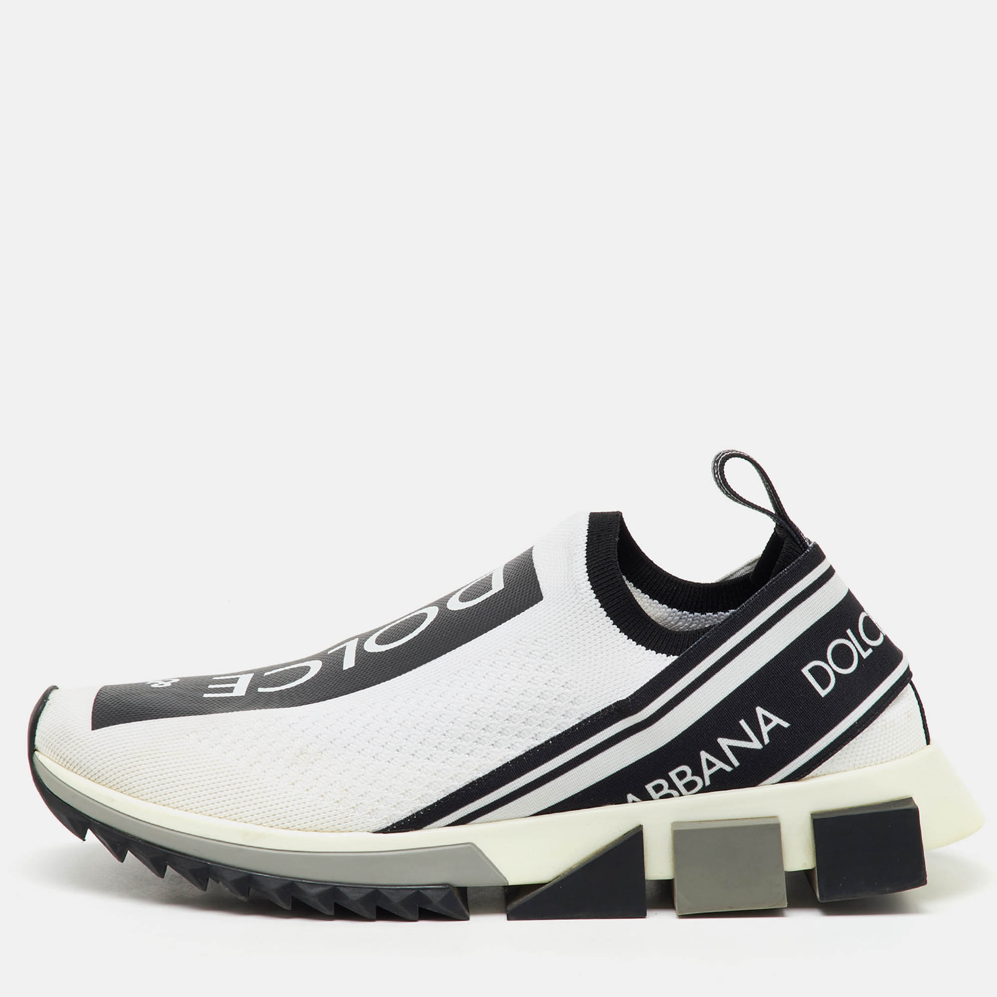Pre Owned Dolce & Gabbana White/Black Stretch Knit Sorrento Slip On Sneakers Size 41.5