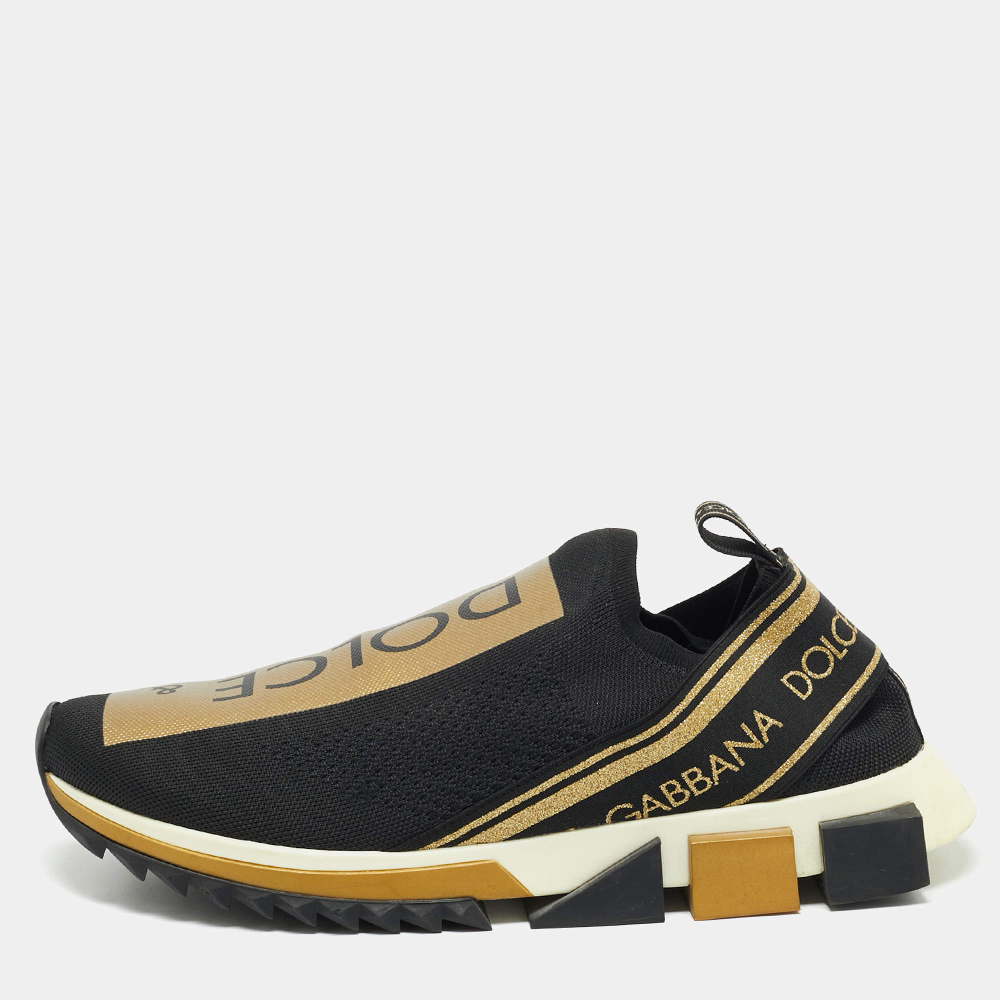 Dolce & Gabbana Black/Gold Stretch Fabric Jersey Sorrento Logo Print Slip On Sneakers Size 45