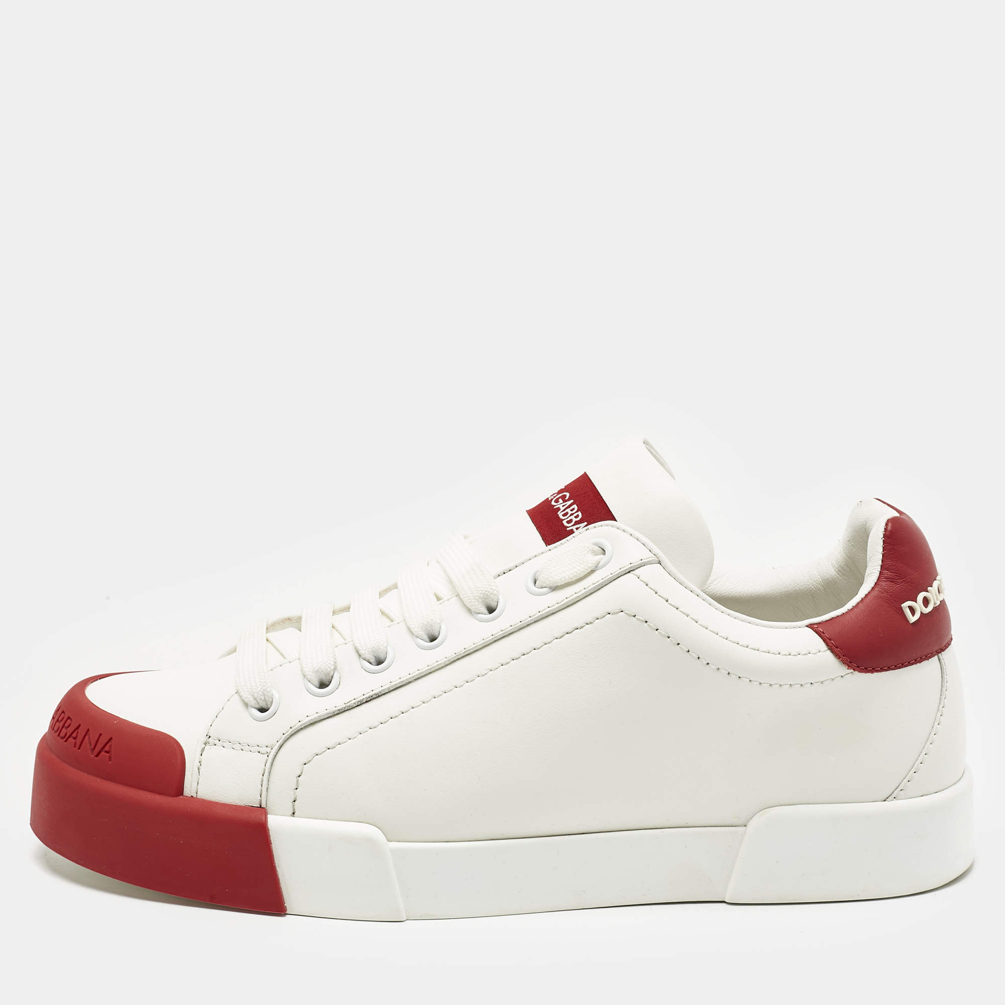 Pre Owned Dolce & Gabbana White/Red Leather and Rubber Toe Portofino Low Top Sneakers Size 39