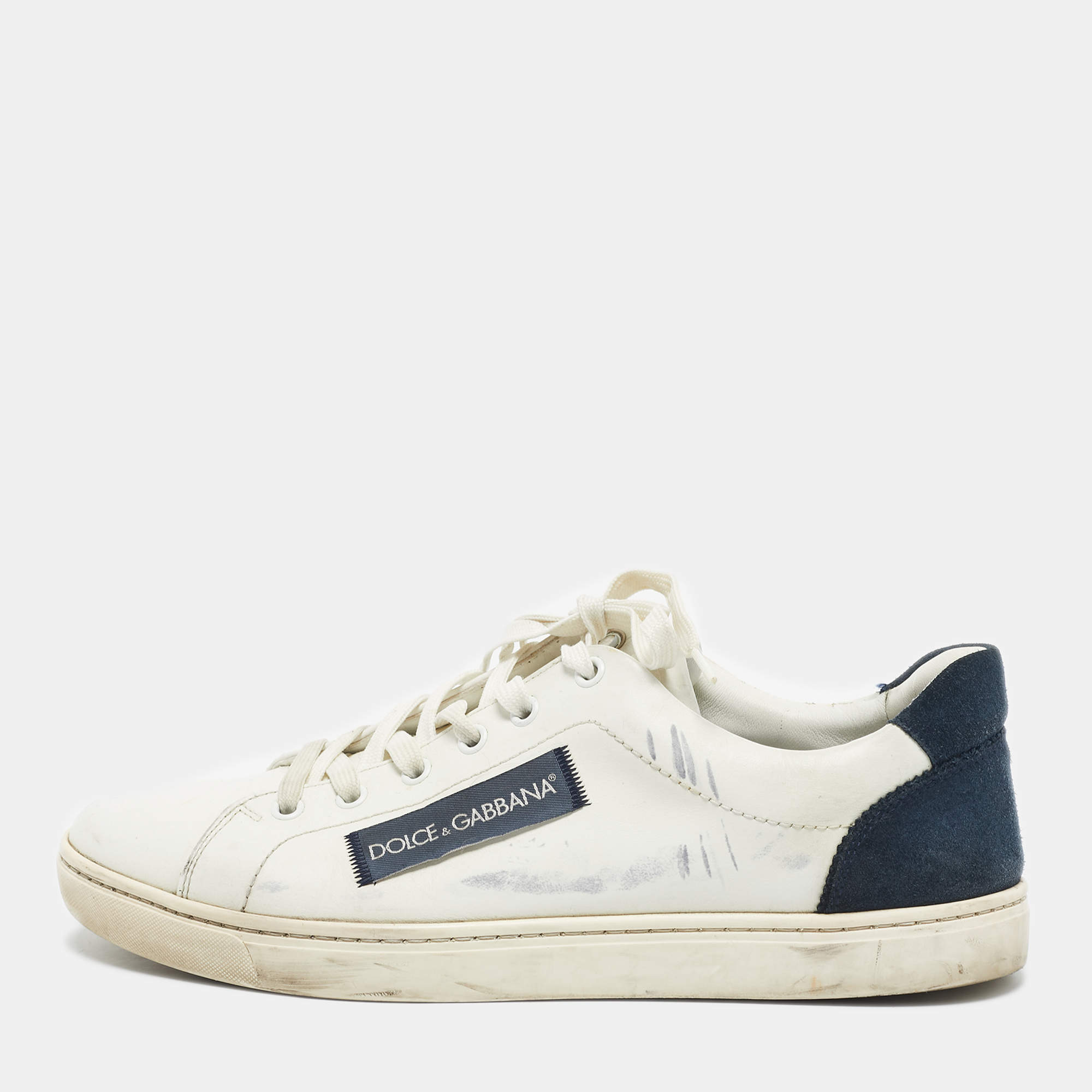 Pre Owned Dolce & Gabbana Navy Blue/White Suede and Leather Low Top Sneakers Size 41