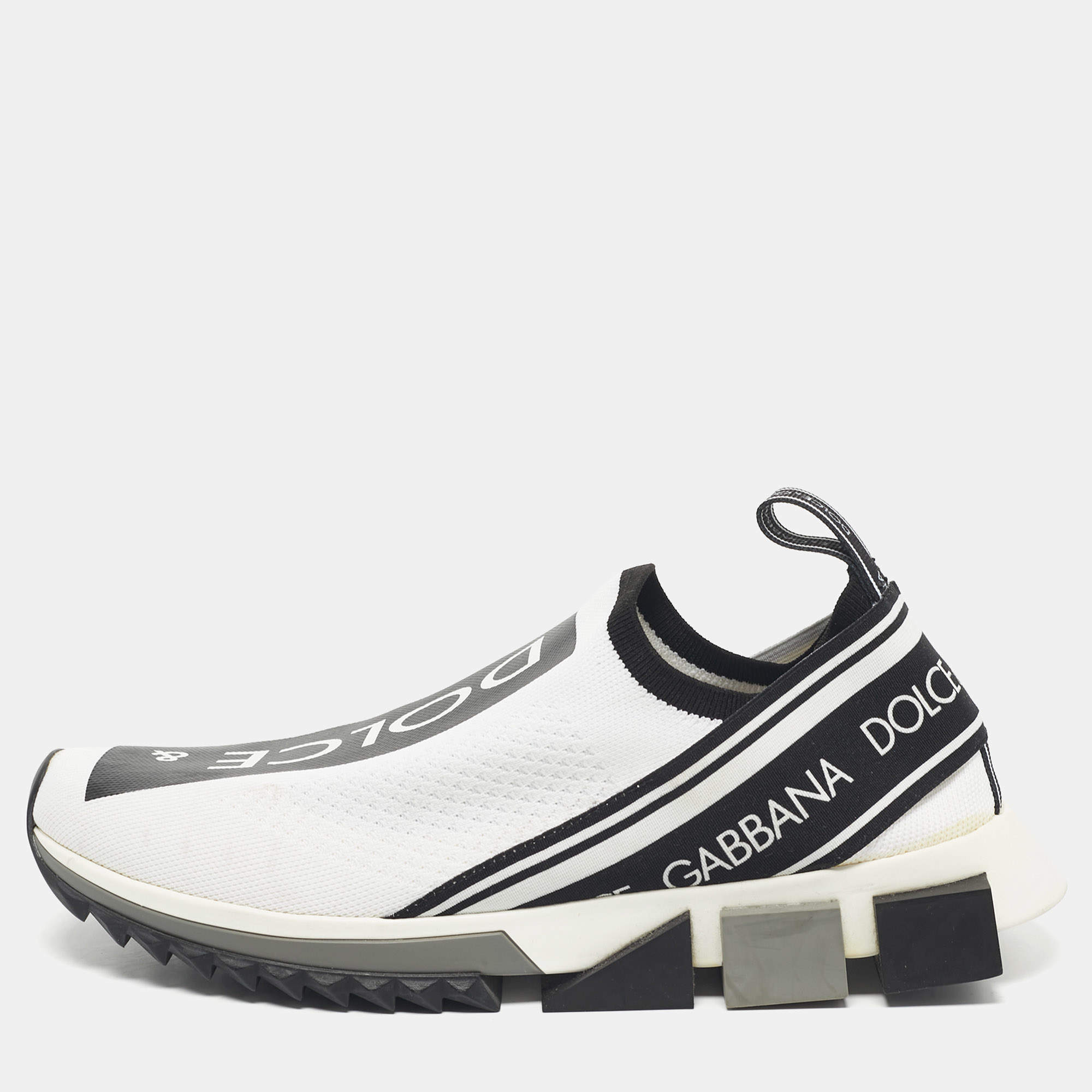 Pre Owned Dolce & Gabbana Black/White Knit Fabric Sorrento Slip On Sneakers Size 43.5