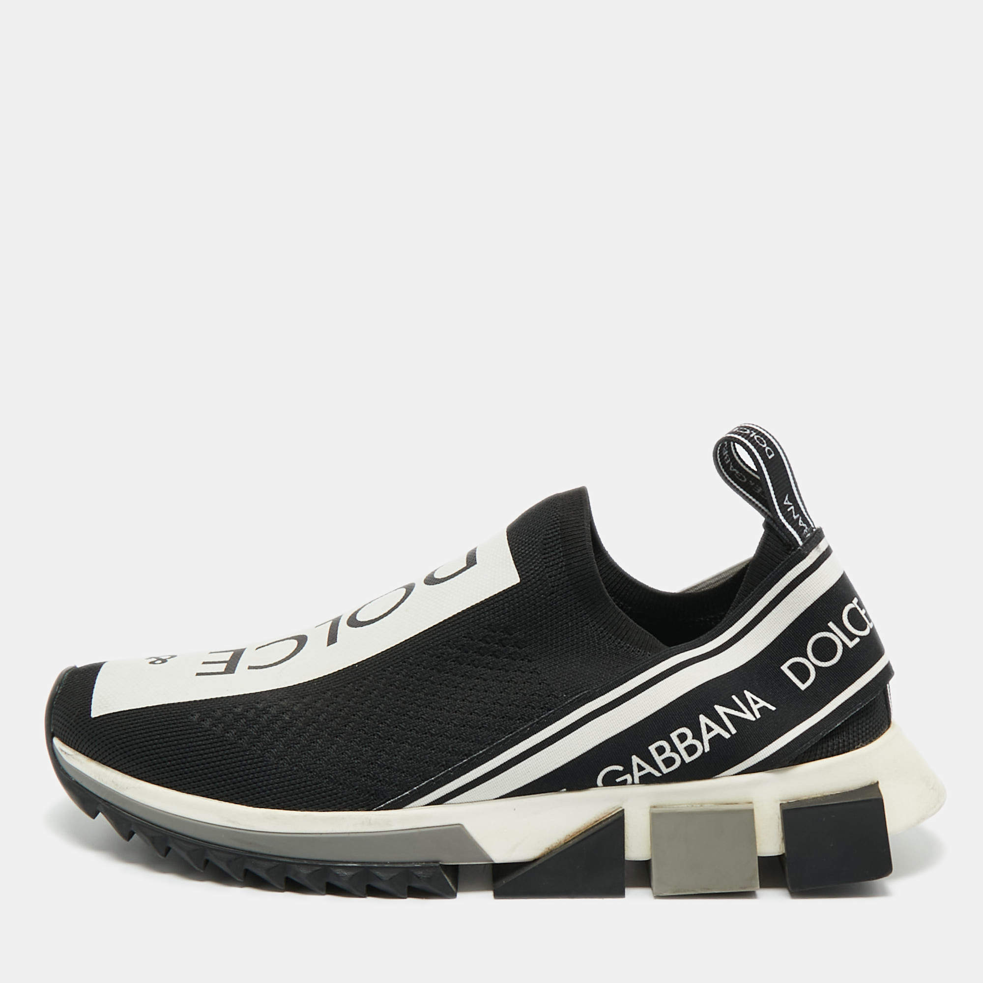 Pre Owned Dolce & Gabbana Black/White Knit Fabric Sorrento Slip-On Sneakers Size 41.5