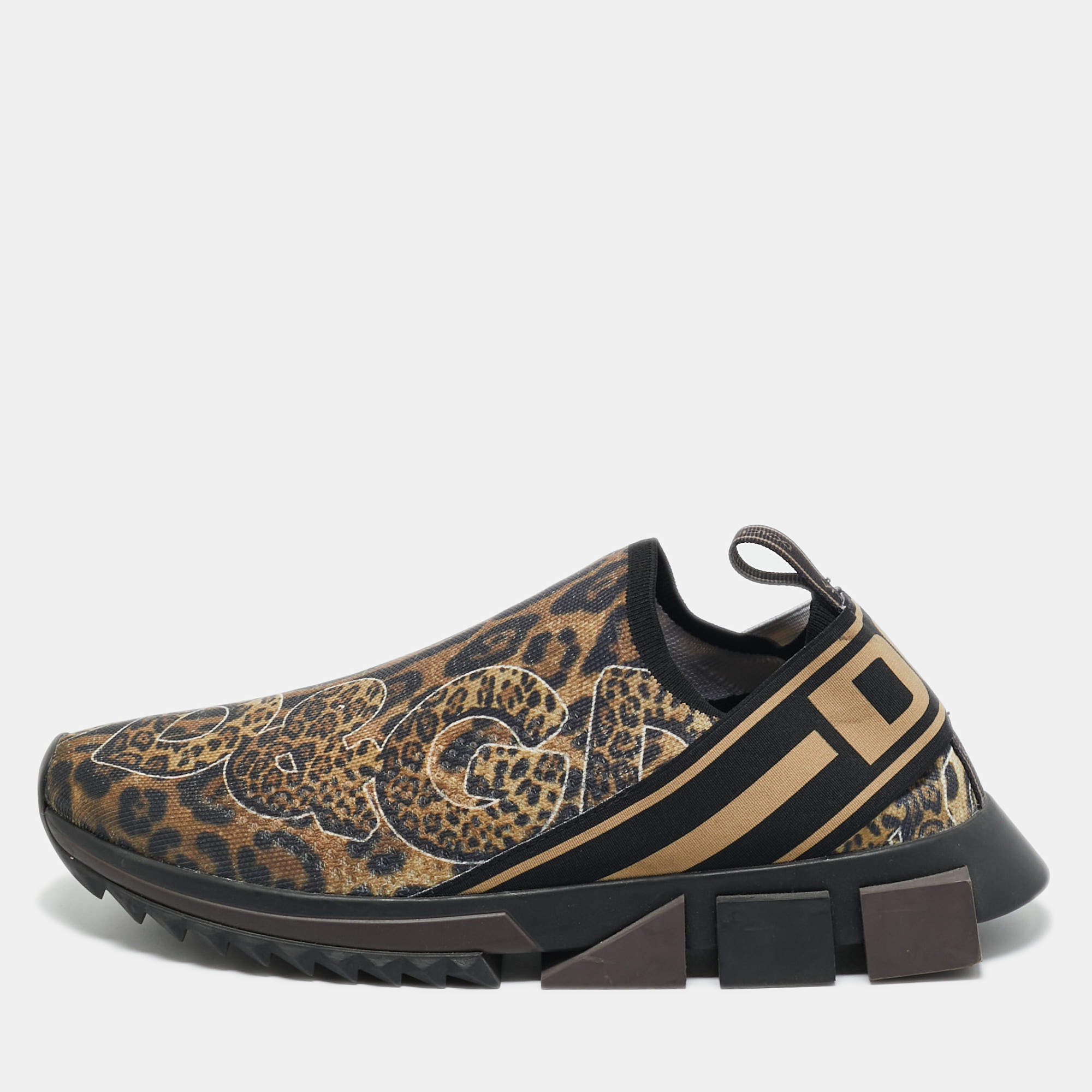 Pre Owned Dolce & Gabbana Gold/Black Knit Fabric Sorrento Slip On Sneakers Size 43