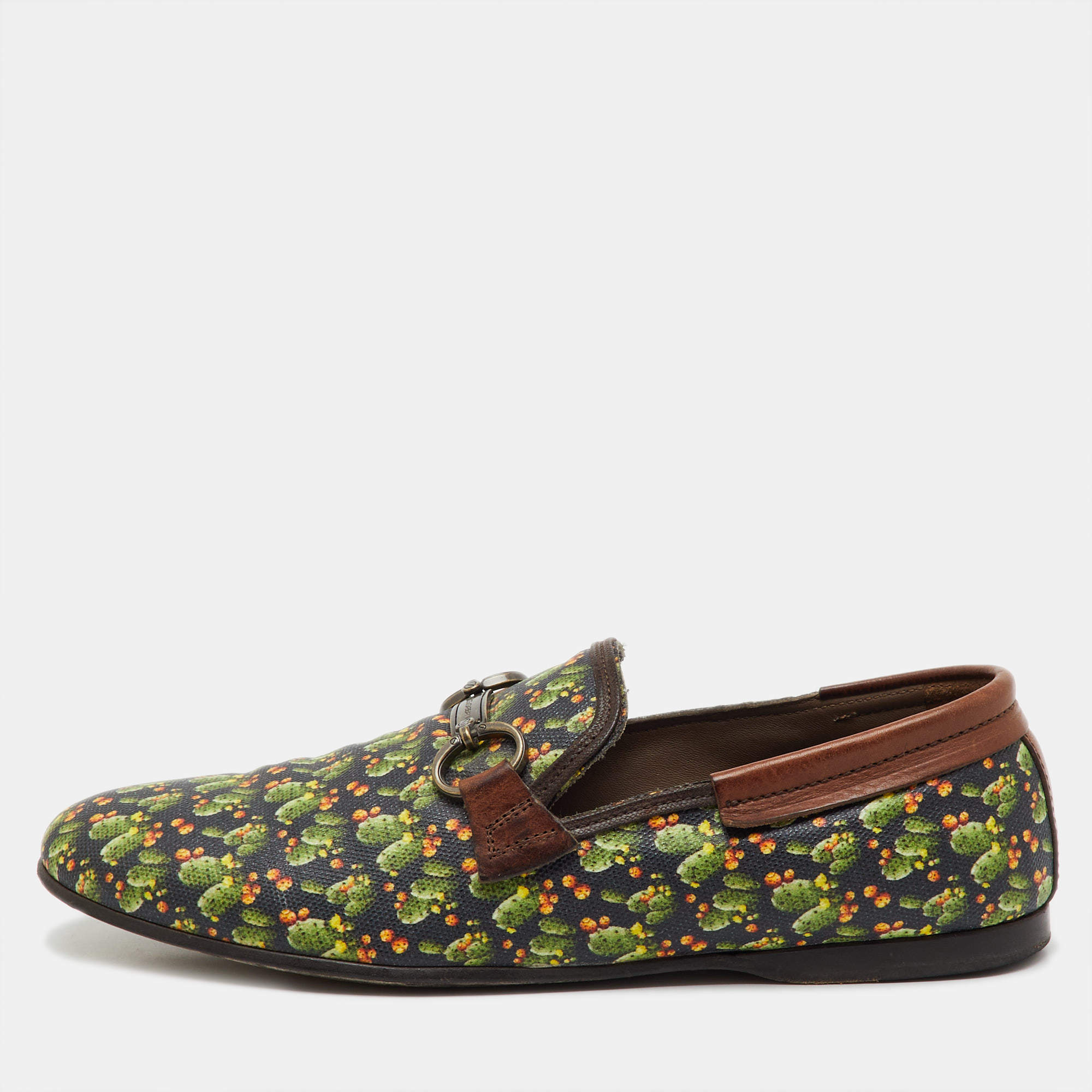 Pre Owned Dolce & Gabbana Multicolor Cactus Print Canvas and Leather Amalfi Smoking Slippers Size 41