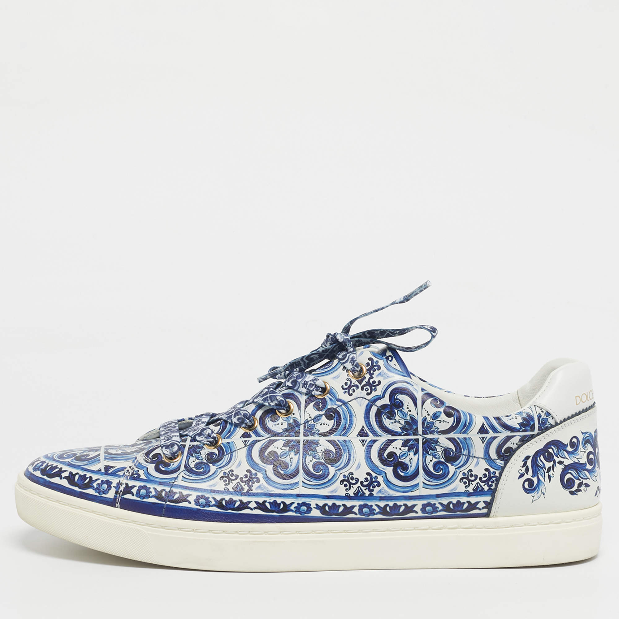 Pre Owned Dolce & Gabbana Blue/White Leather Majolica Print Portofino Low Top Sneakers Size 44