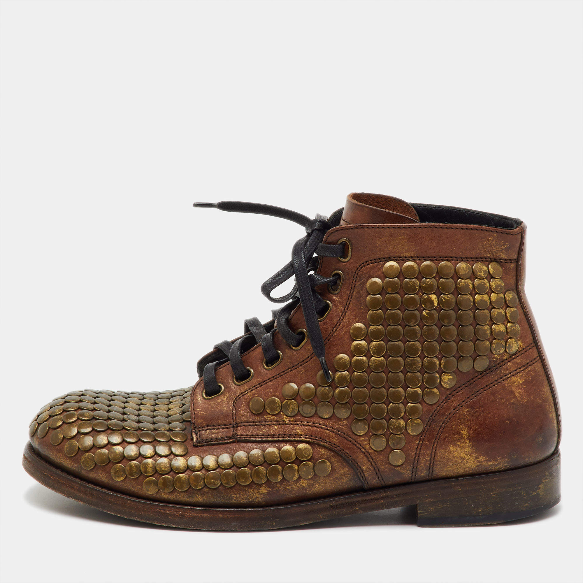 Pre Owned Dolce & Gabbana Brown Leather Runway Studs Cortina Lace Up Ankle Boots Size 41
