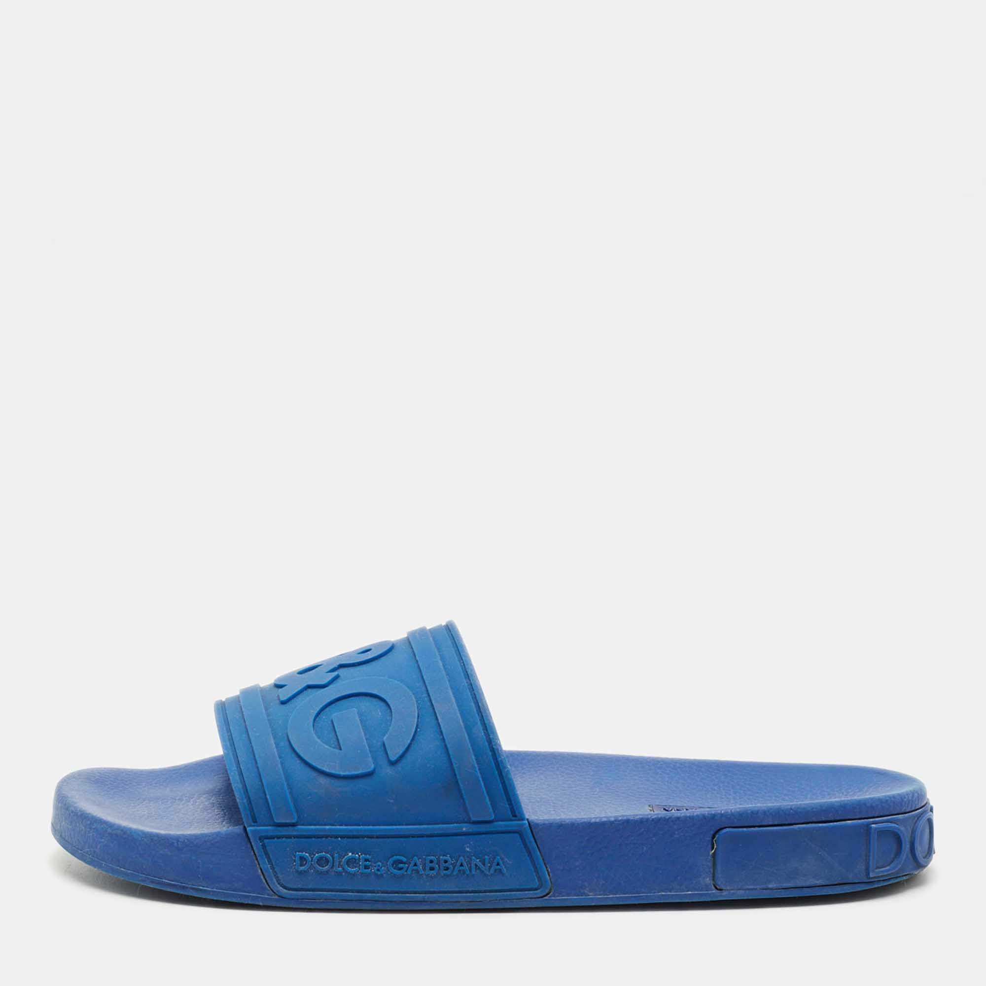 Pre Owned Dolce & Gabbana Blue Rubber Logo Flat Slides Size 43