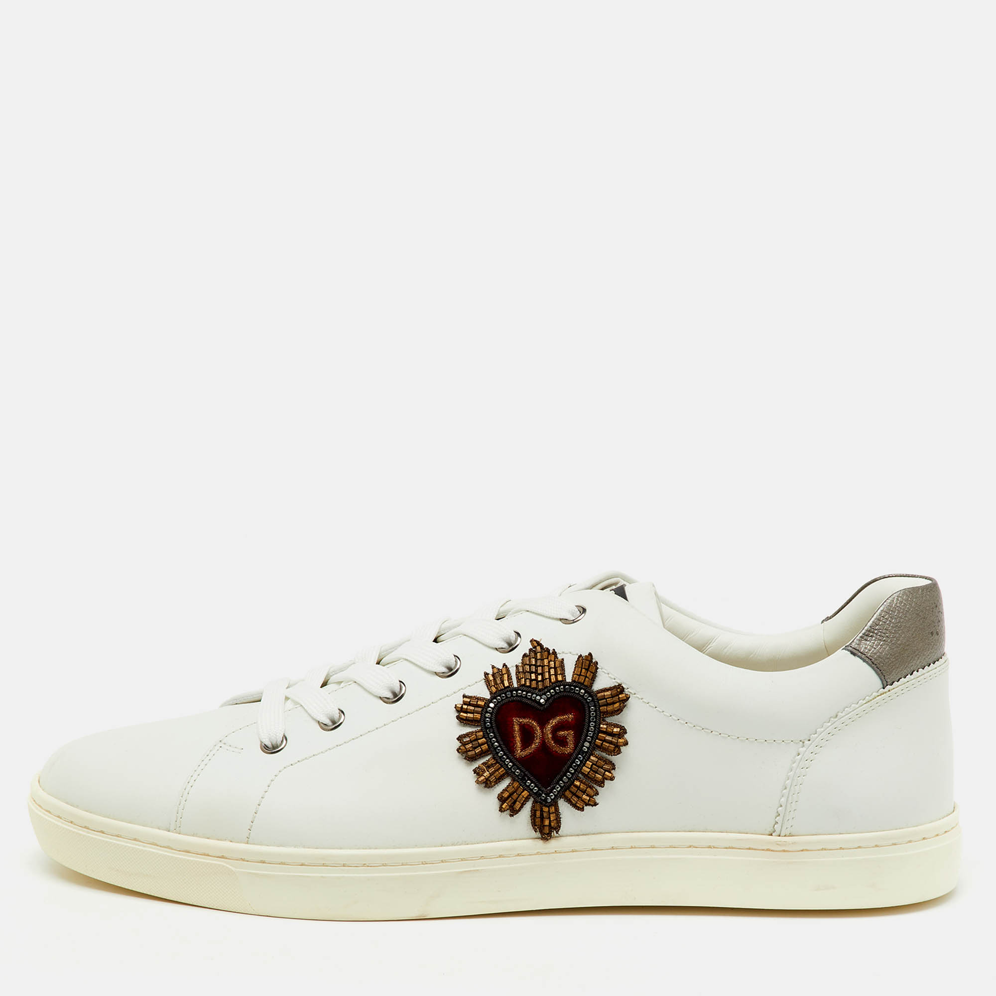 Pre Owned Dolce & Gabbana White Leather Embellished Heart Portofino Sneakers Size 45