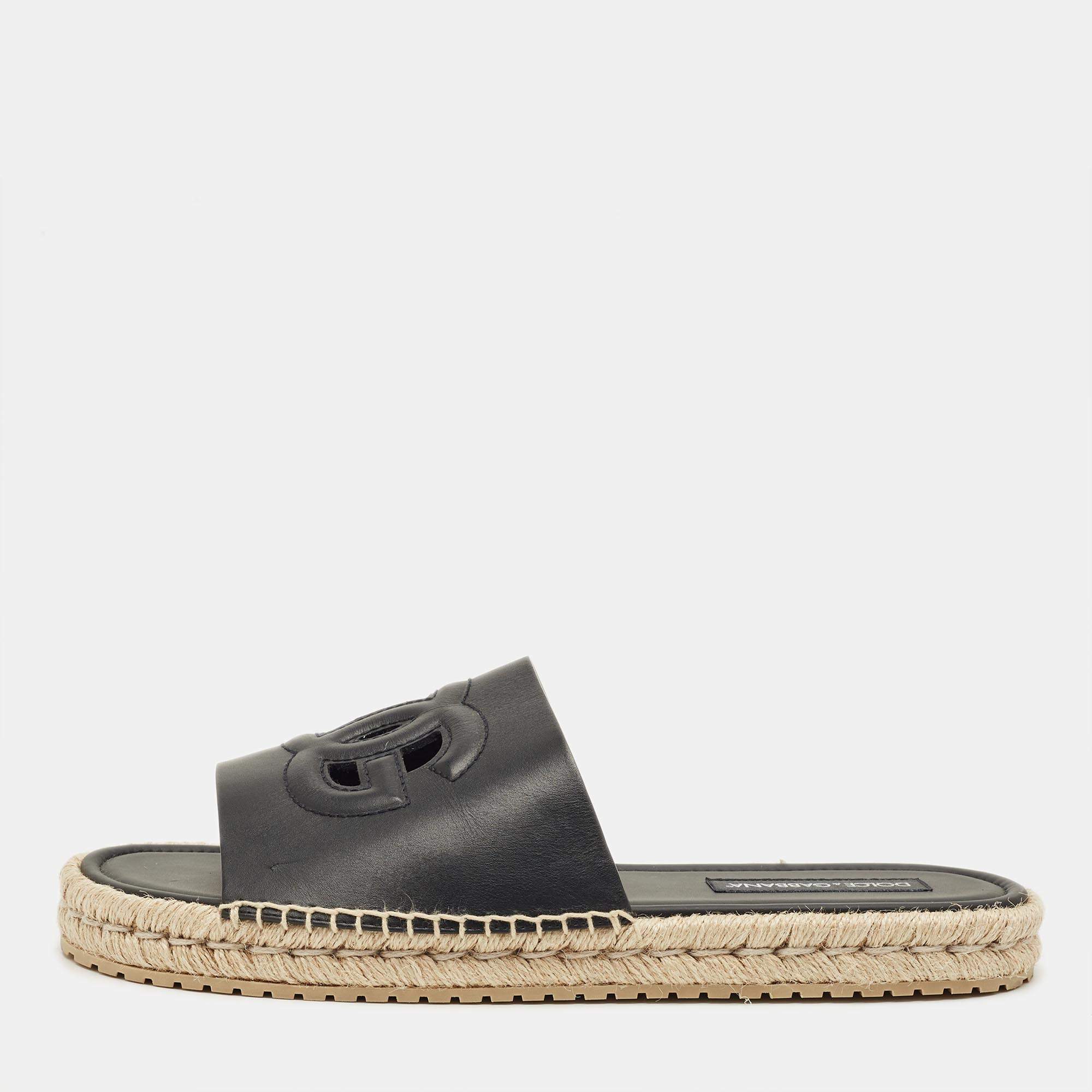 Pre Owned Dolce & Gabbana Black Leather Espadrille Flat Slides Size 45    