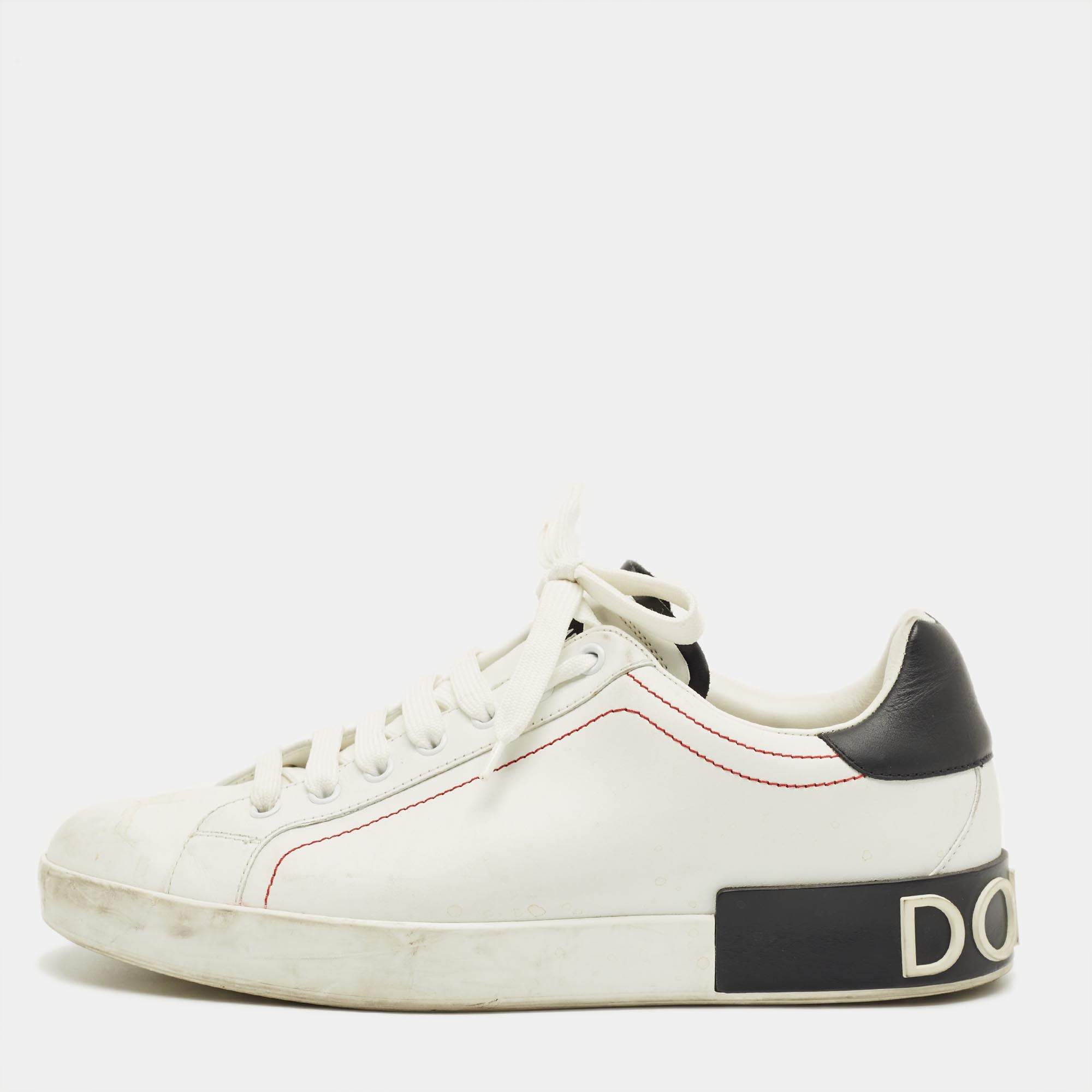 Pre Owned Dolce & Gabbana White/Black Leather Portofino Low Top Sneakers Size 42.5