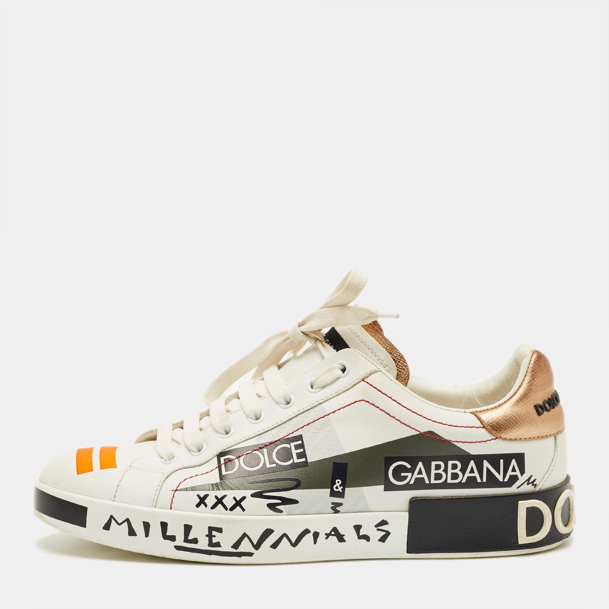 Pre Owned Dolce & Gabbana White Leather King Angels Portofino Low top Sneakers Size 43