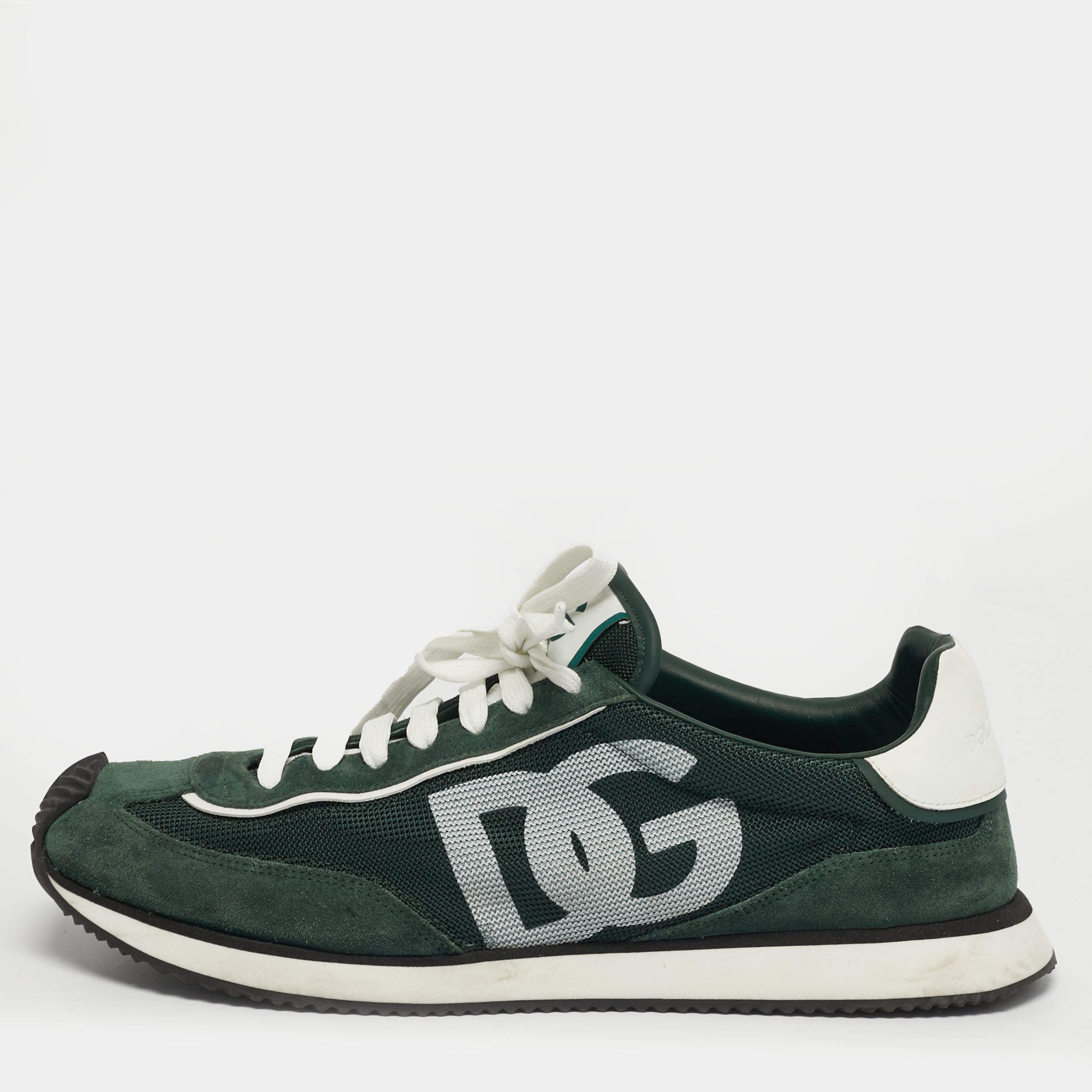 Pre Owned Dolce & Gabbana Cushion Size 44 Green Mesh and Suede Lace Up Sneakers