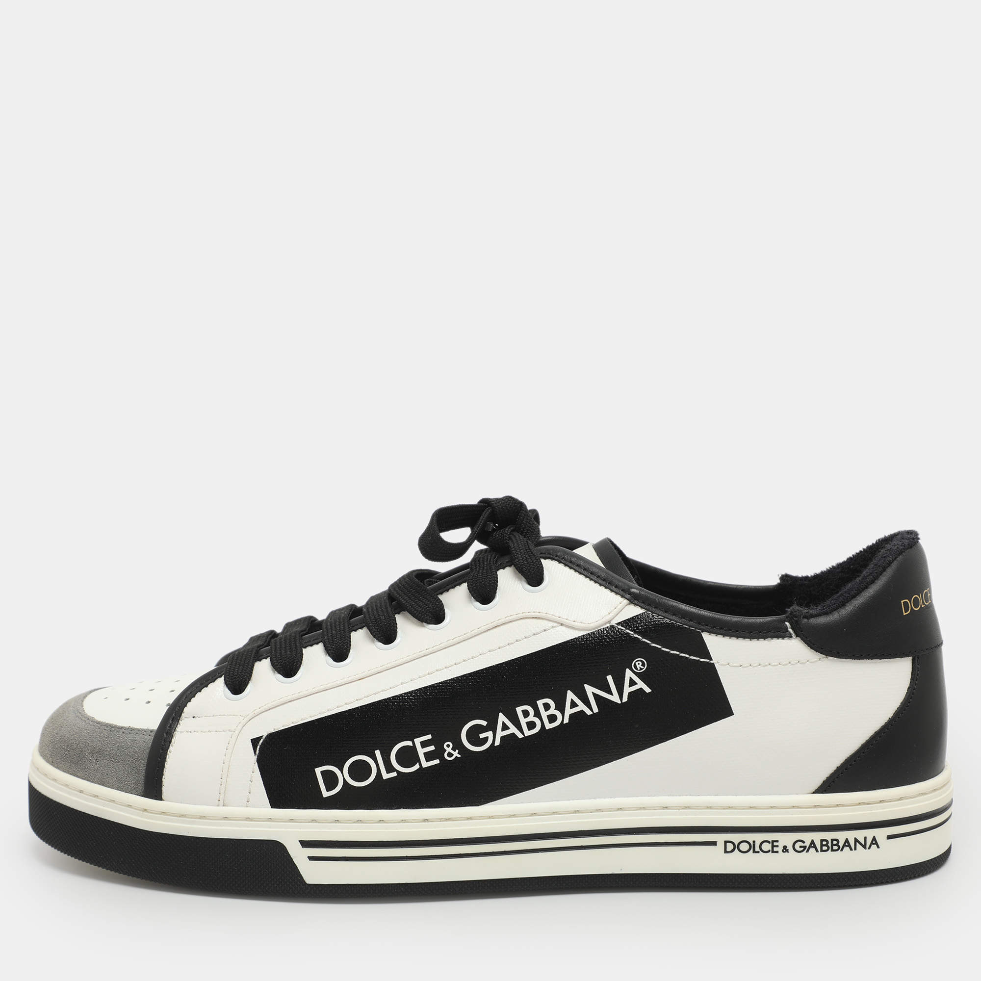 Pre Owned Dolce & Gabbana Log Tape Size 45 White/Black Coated Canvas and Leather Low Top Sneakers
