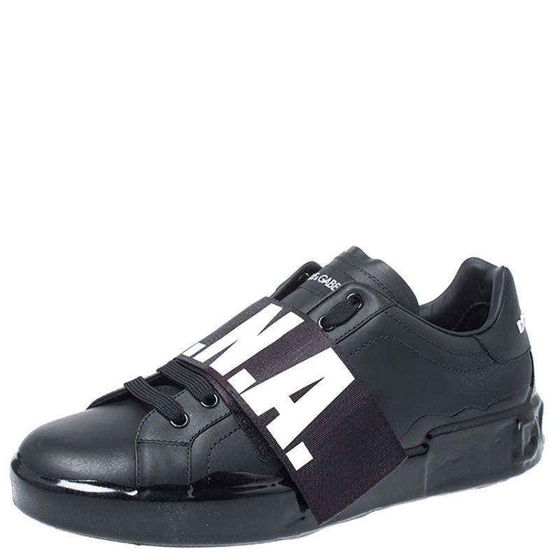 Pre Owned Dolce & Gabbana Black Leather Portofino Low Top Sneakers Size 43.5