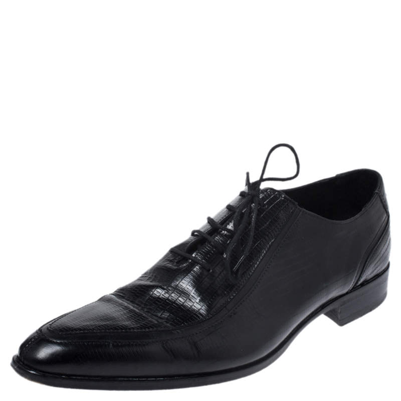 Dolce & Gabbana Black Lizard Embossed Leather Pointed Toe Oxfords Size 44