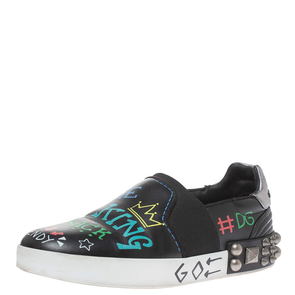 مملوكة مسبقًا Dolce & Gabbana Black Leather Portofino Embellished Low Top Sneakers Size 40 