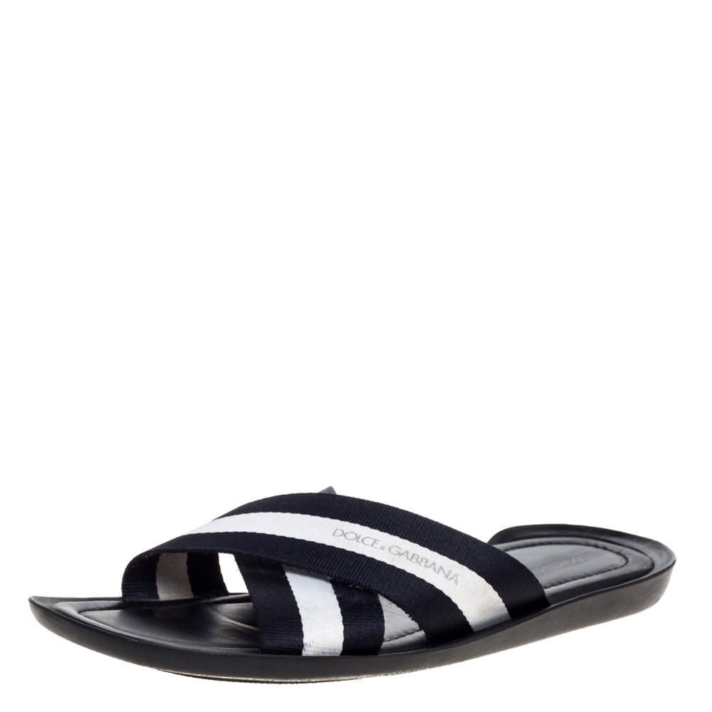 Pre Owned Dolce & Gabbana Black/White Canvas Cross Strap Flat Slides Size 43
