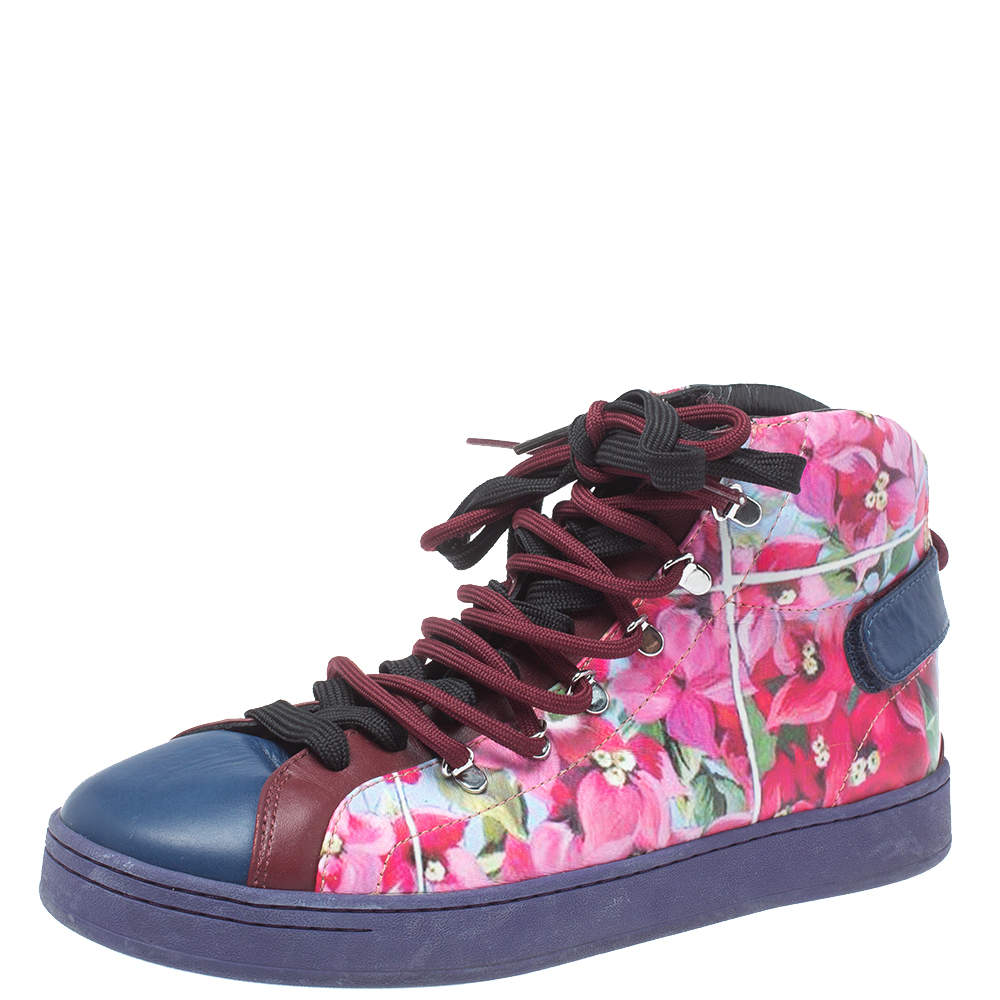 Pre Owned Dolce & Gabbana Blue/Pink Floral Print Leather High Top Sneakers Size 39.5