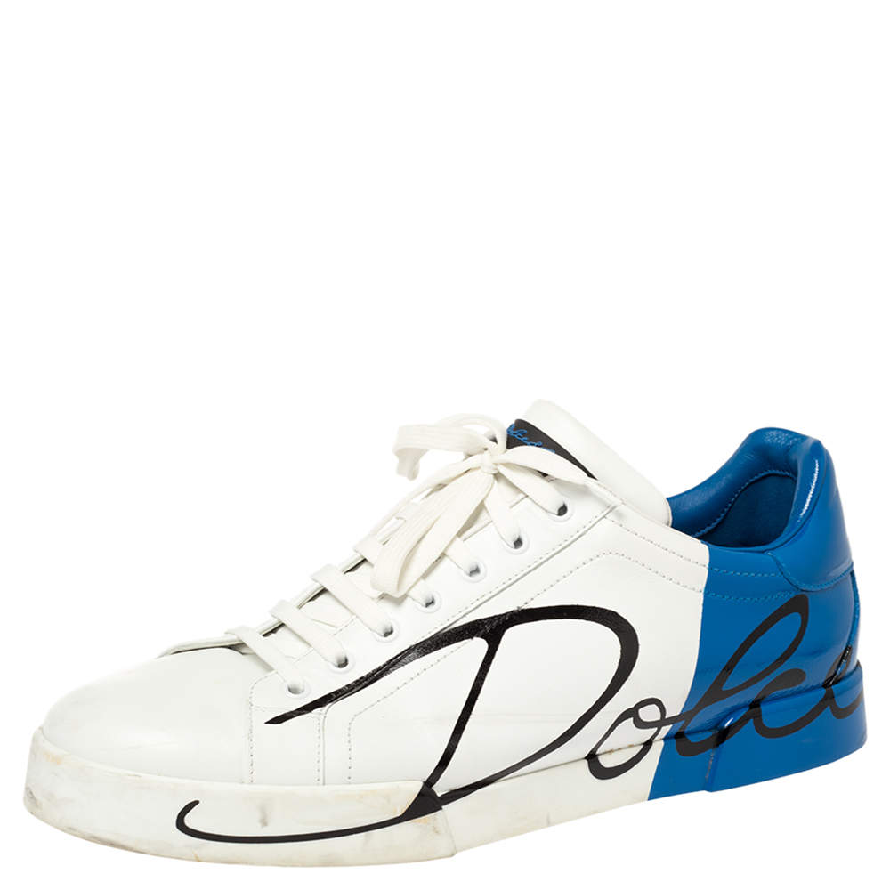 مملوكة مسبقًا Dolce & Gabbana White/Blue Leather Portofino Sneakers Size 45