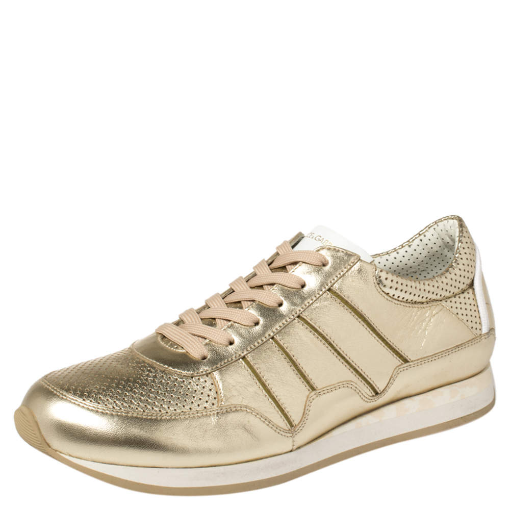 Pre Owned Dolce & Gabbana Metallic Gold Perforated Leather Lace Up Low Top Sneakers Size 42.5 